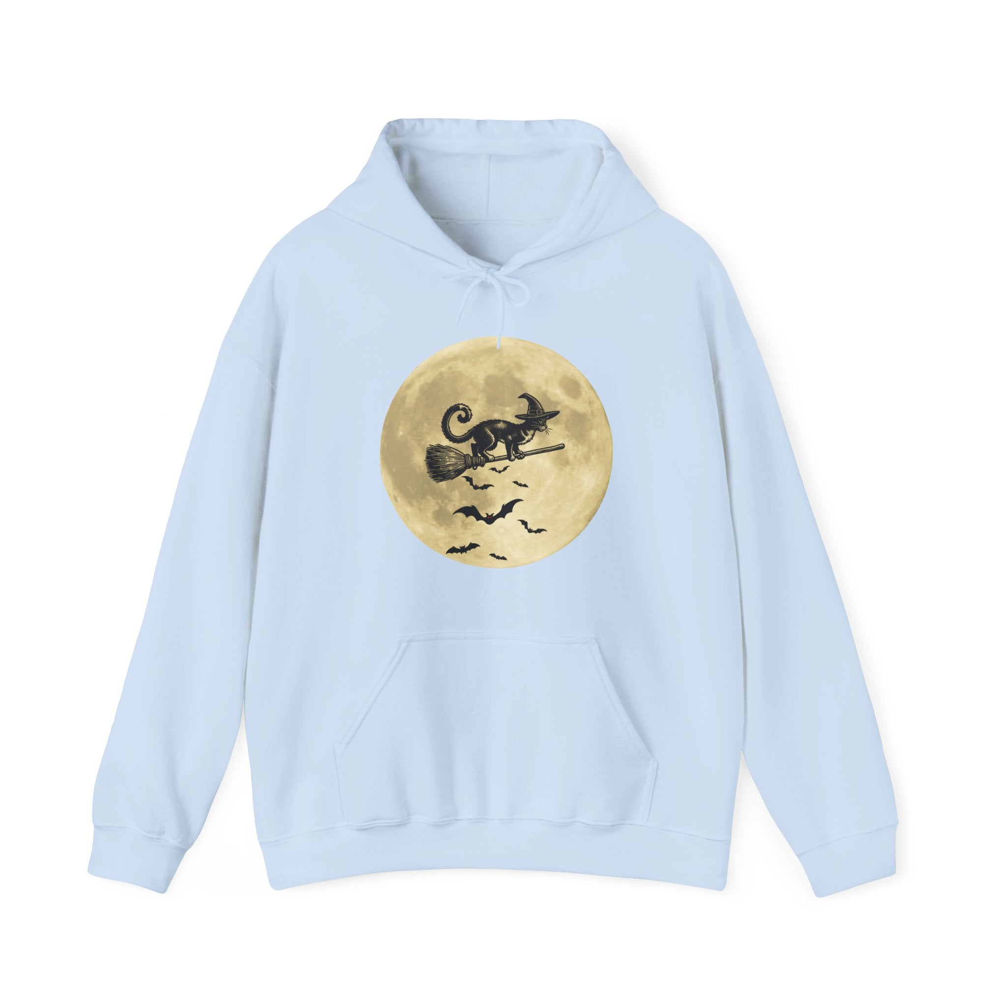 Light blue hoodie with a Halloween-themed design on a white background