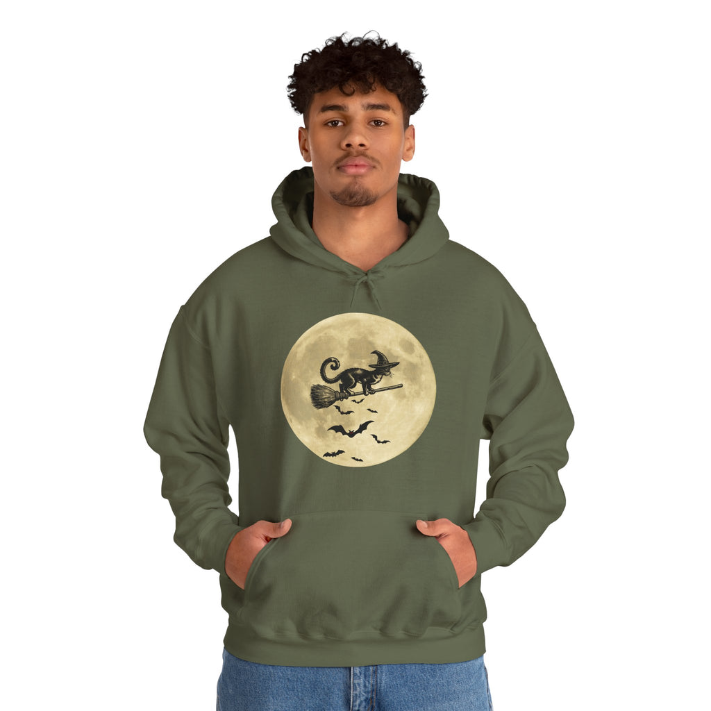 Person wearing a green hoodie with a Halloween-themed design on a white background