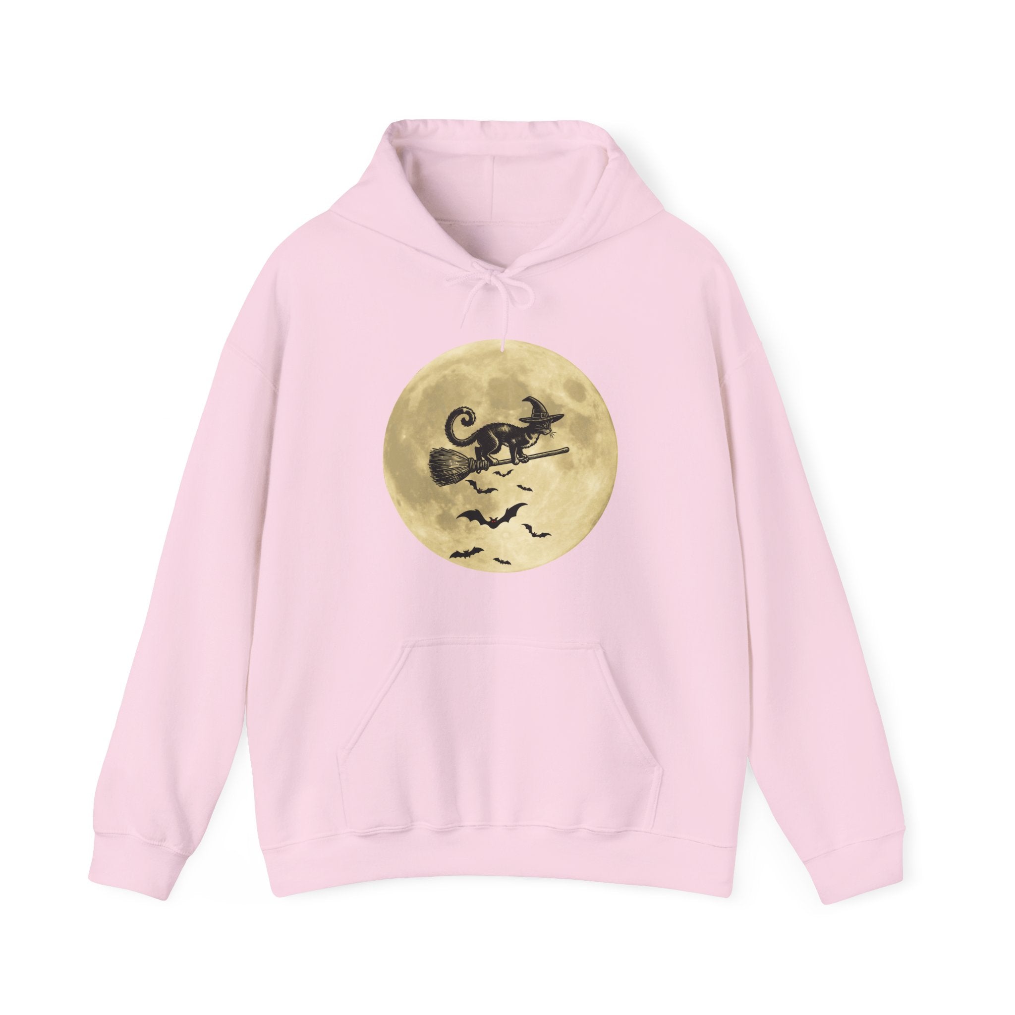 Pink hoodie with a Halloween design of a cat on a broomstick over a moon on a white background