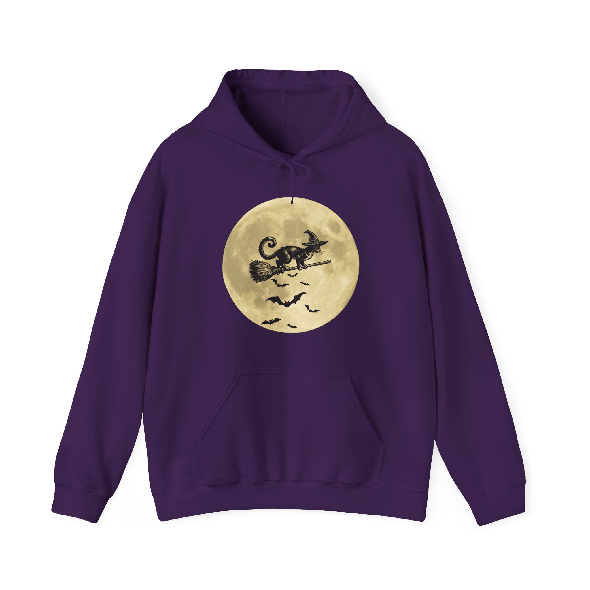 Purple hoodie with a Halloween design of a cat on a broomstick over a moon and bats on a white background.
