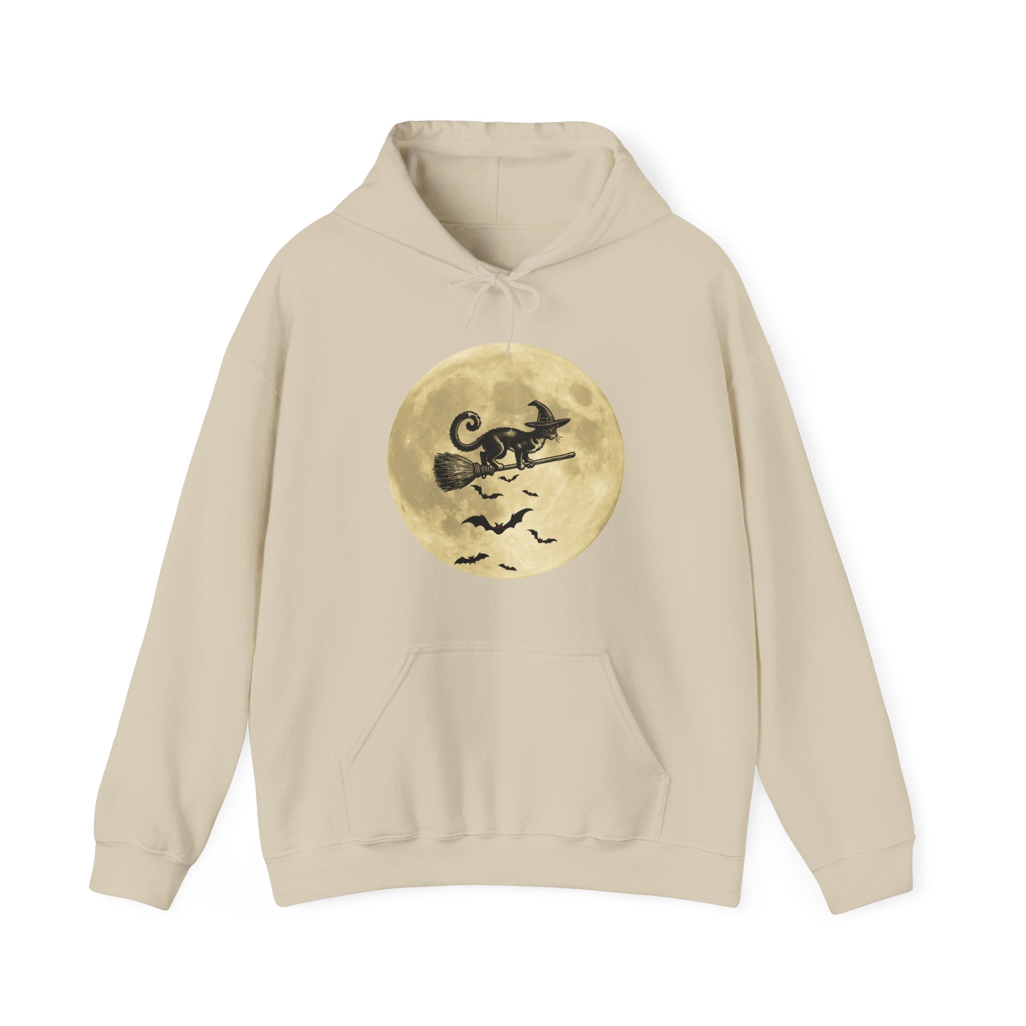 Beige hoodie with a Halloween design of a cat on a broomstick against a moon background.