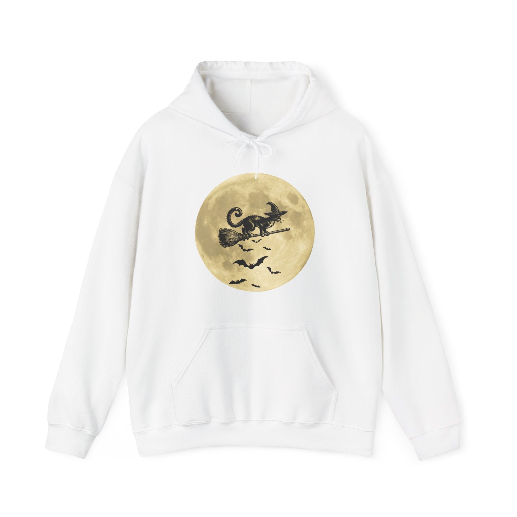 White hoodie with a Halloween design of a cat on a broomstick over a full moon on a white background