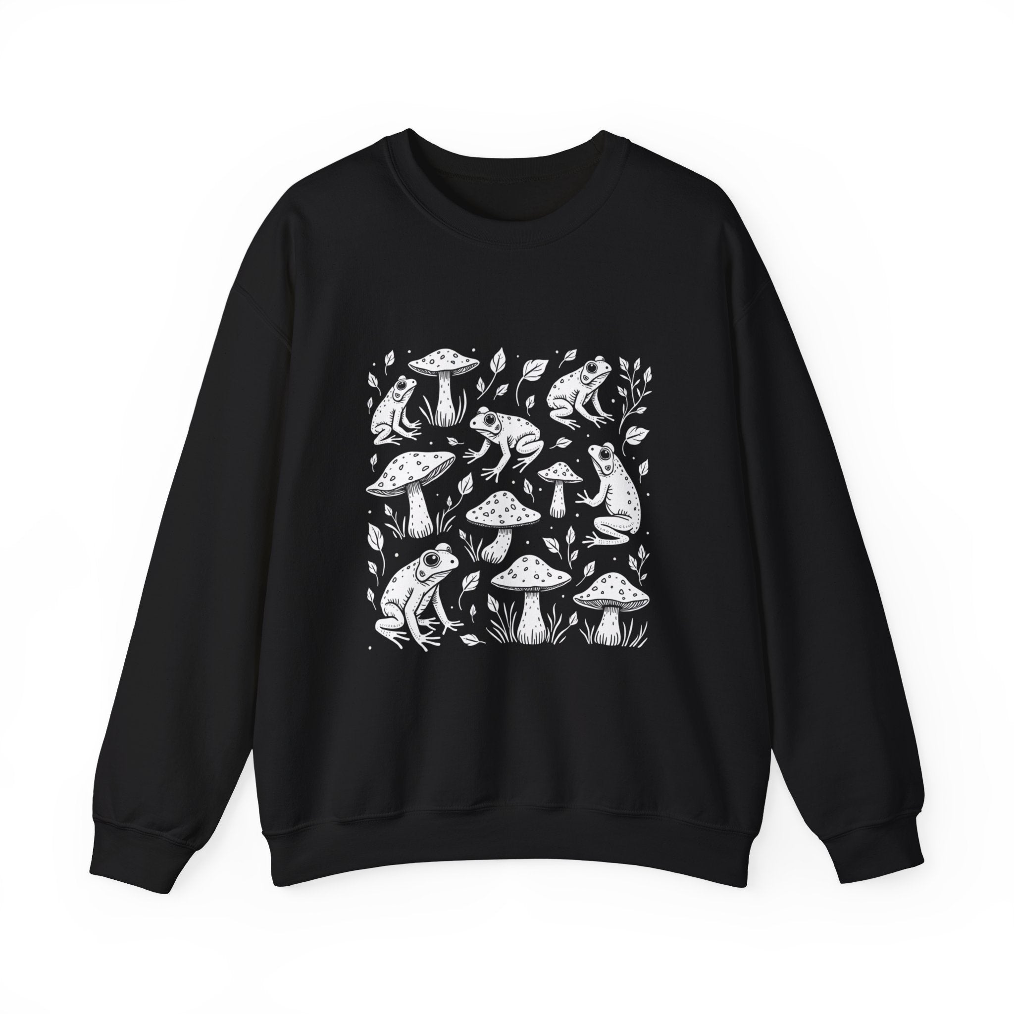 Black sweatshirt with white frog and mushroom pattern on a white background