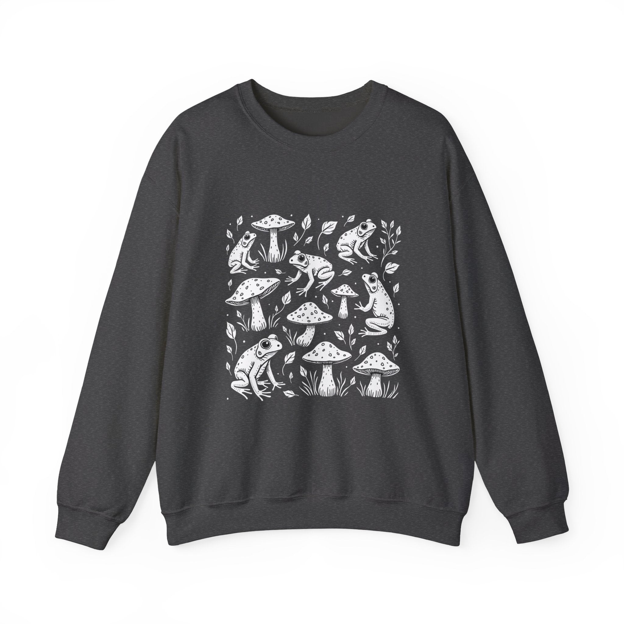 Dark heathery gray sweatshirt with white frog and mushroom pattern on a white background