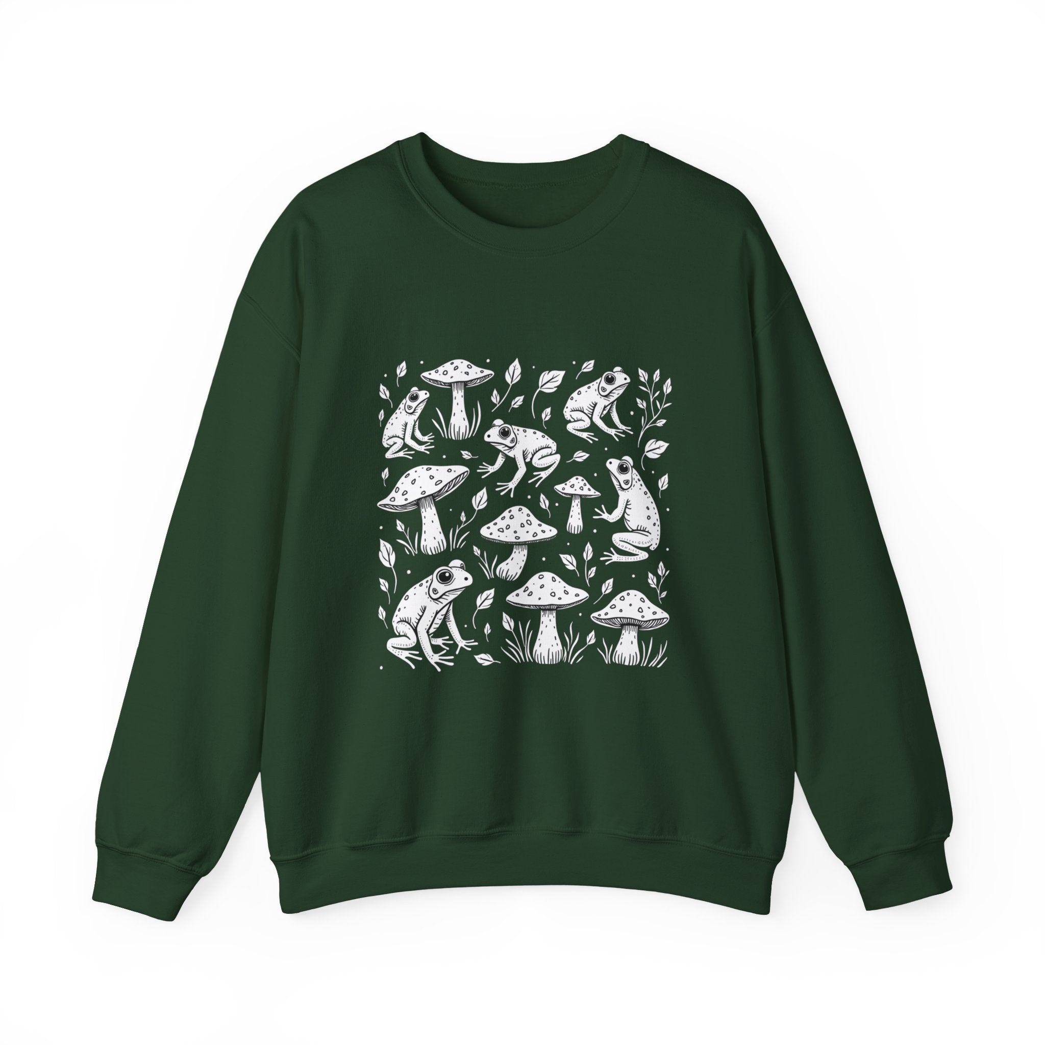 Forest green sweatshirt with white frog and mushroom pattern on a white background