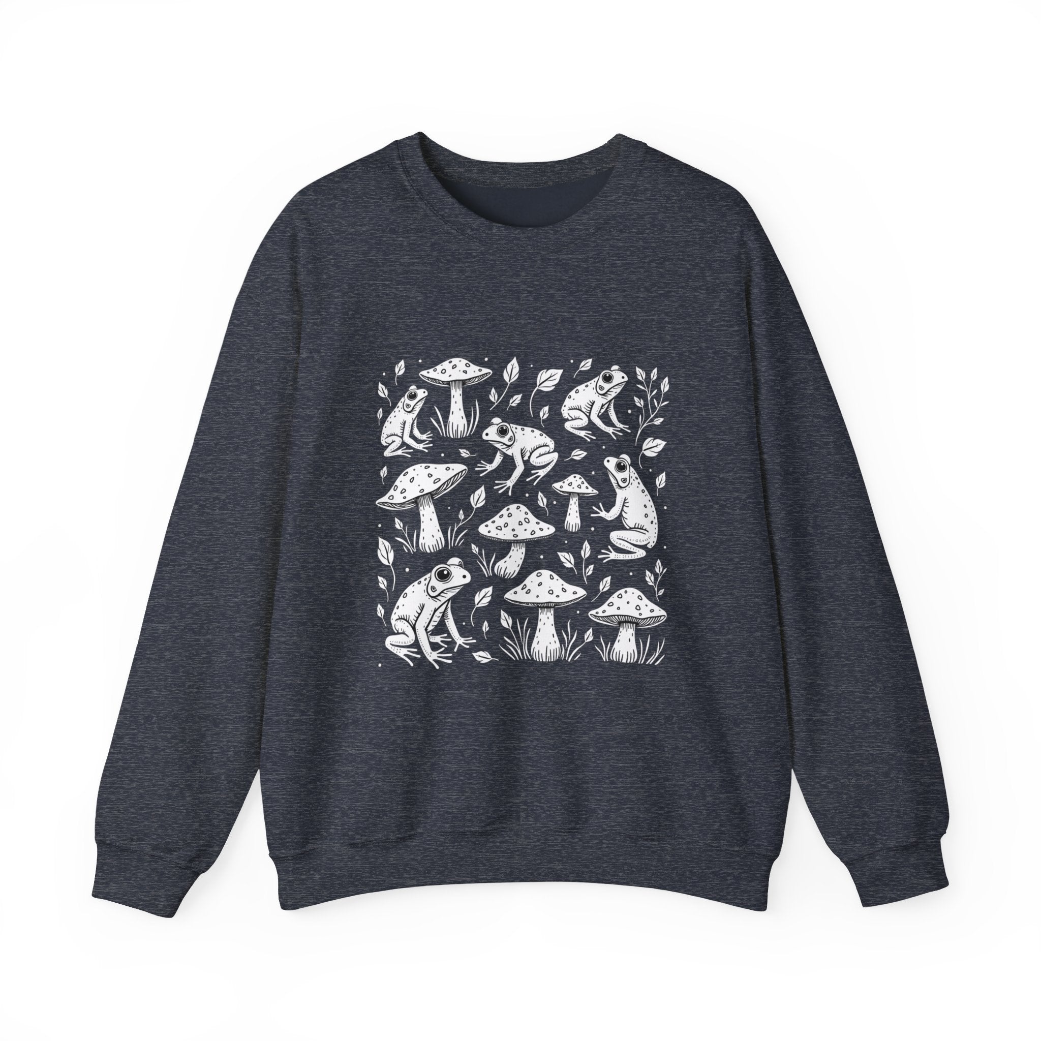Heather sport dark navy sweatshirt with white frog and mushroom pattern on a white background