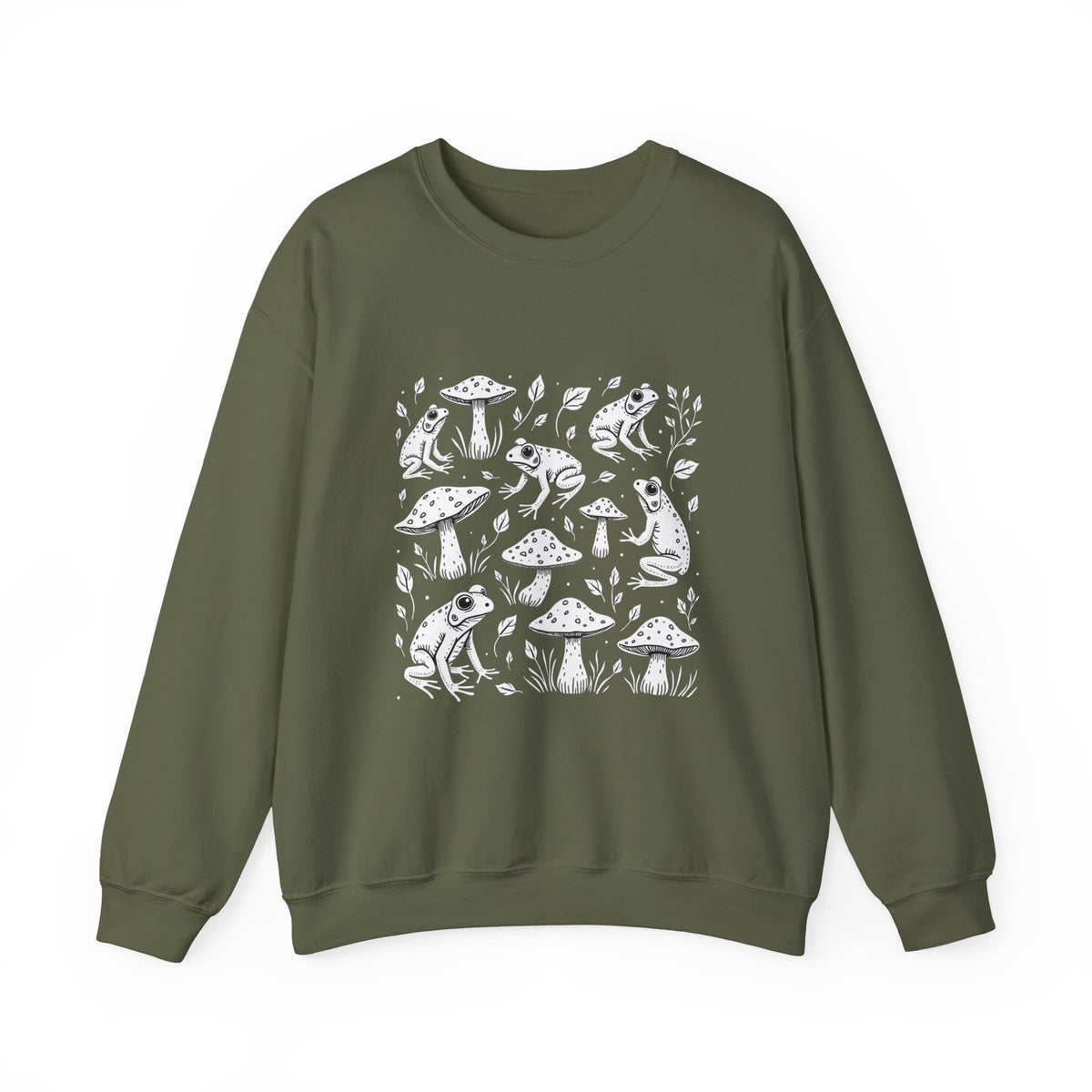 Military green sweatshirt with white frog and mushroom pattern on a white background