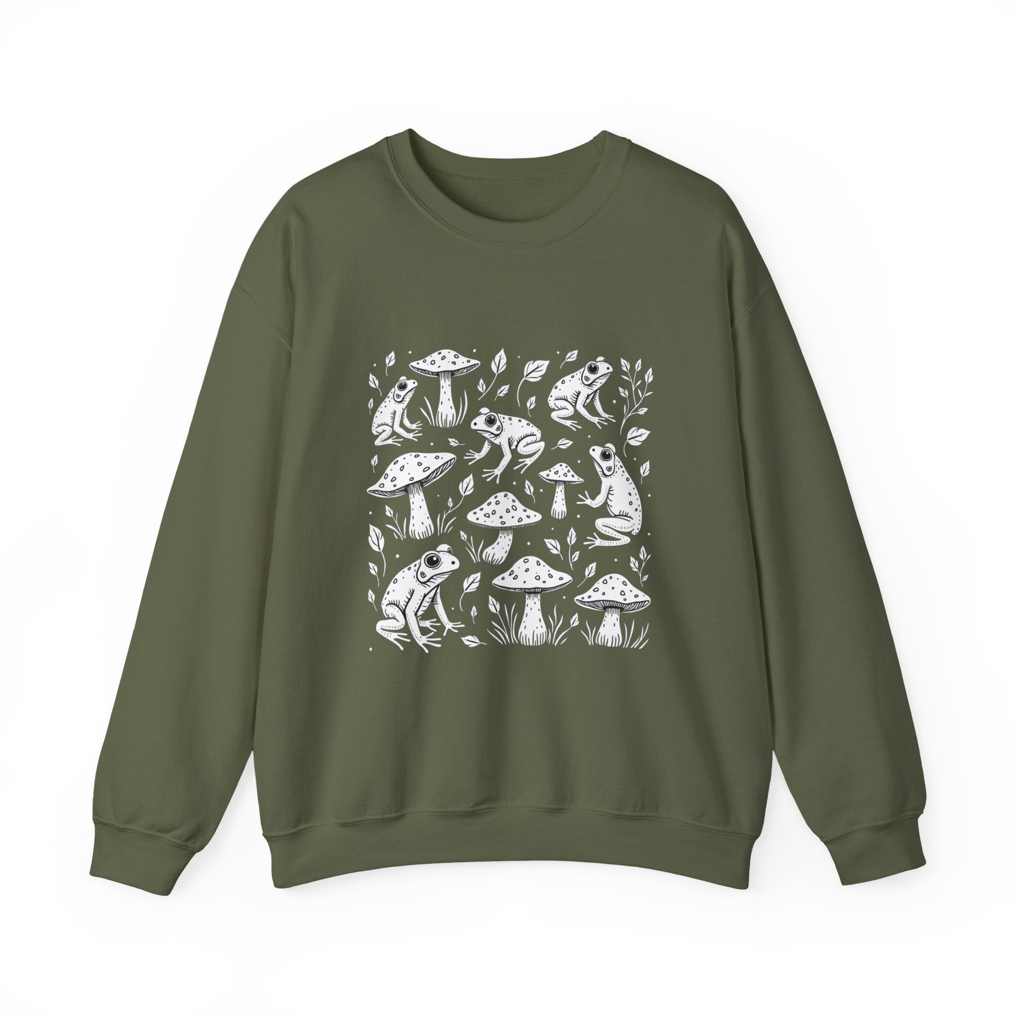 Military green sweatshirt with white frog and mushroom pattern on a white background