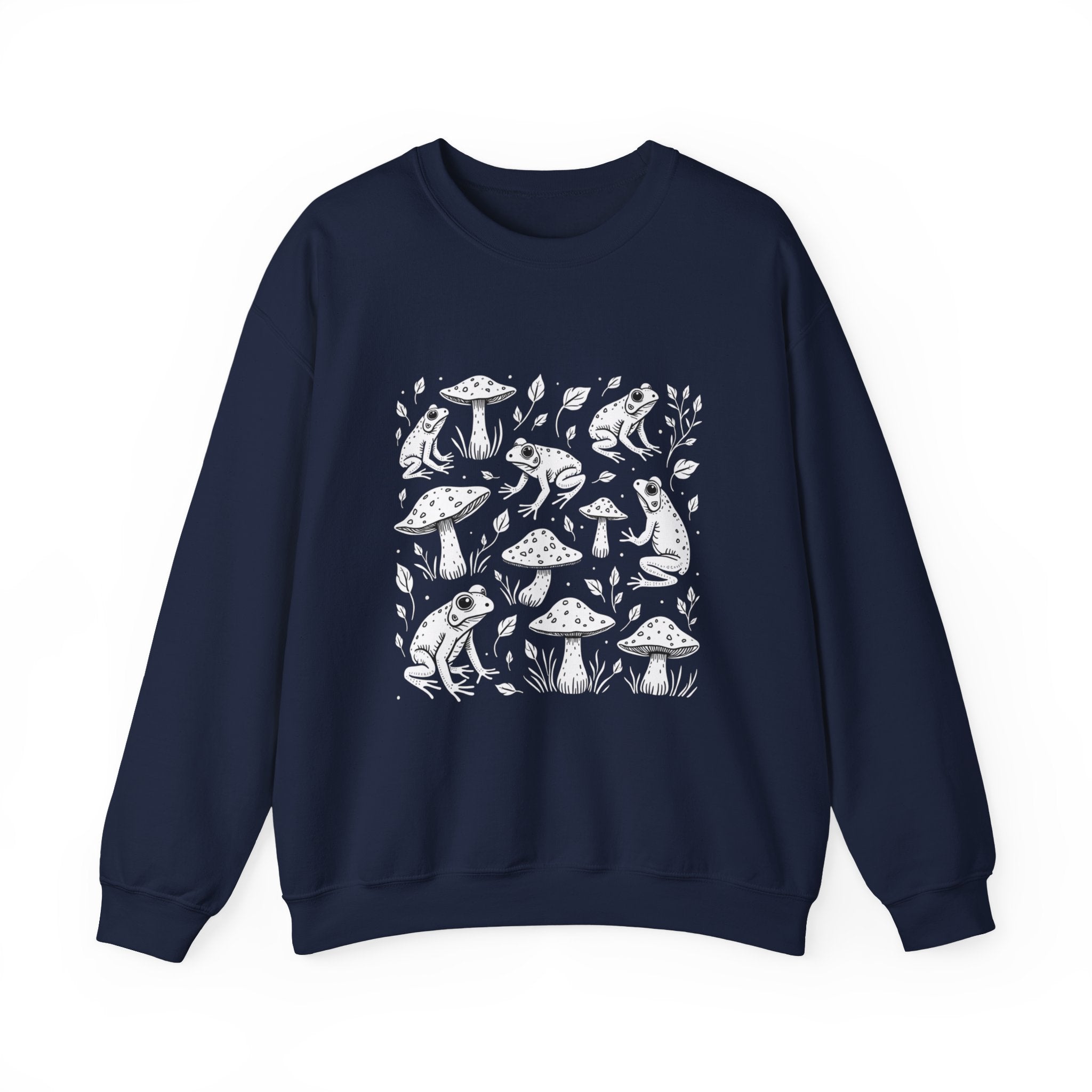 Navy blue sweatshirt with white forest-themed design featuring frogs and mushrooms on a white background.