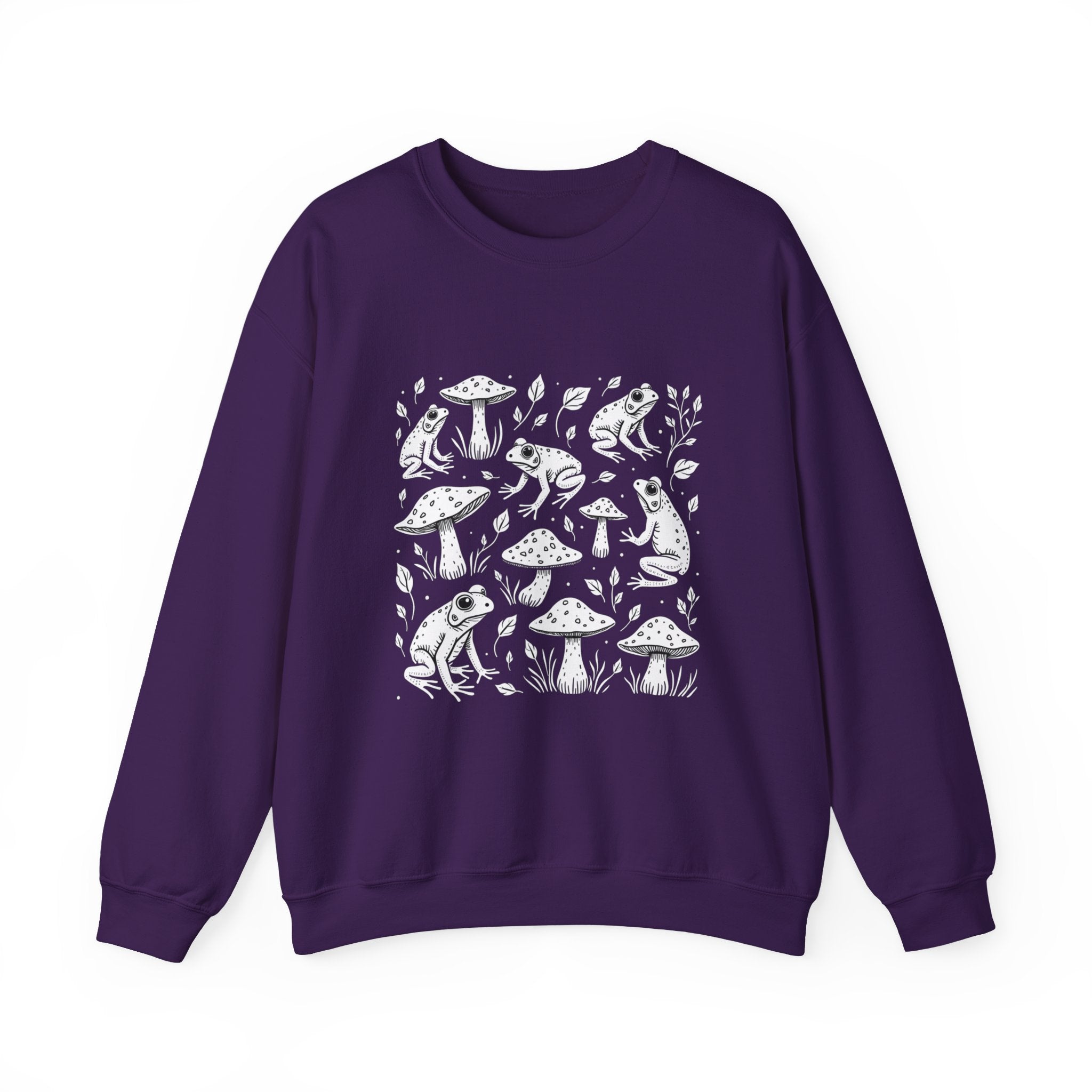 Purple sweatshirt with white frog and mushroom pattern on a white background