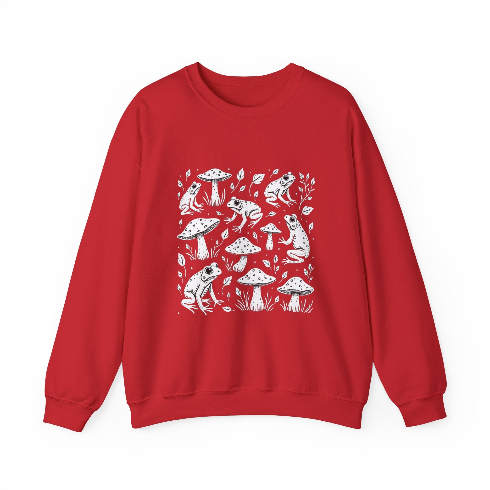 Red sweatshirt with white frog and mushroom pattern on a white background