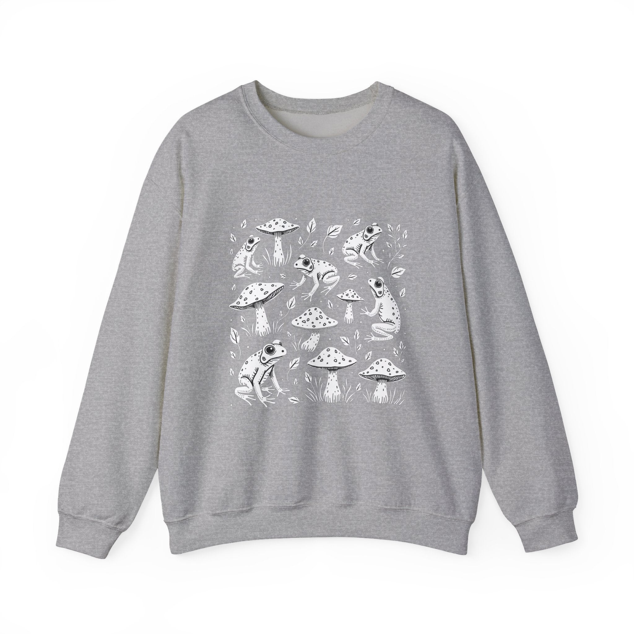 Gray sweatshirt with white graphic design on a white background