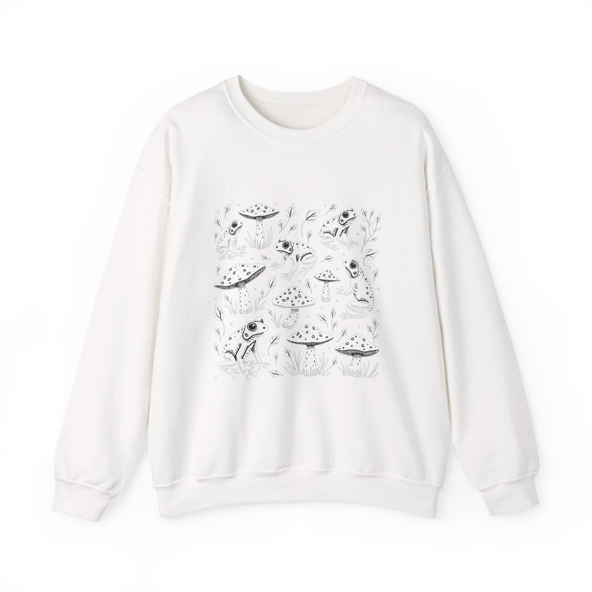 White sweatshirt with black graphic design on a white background