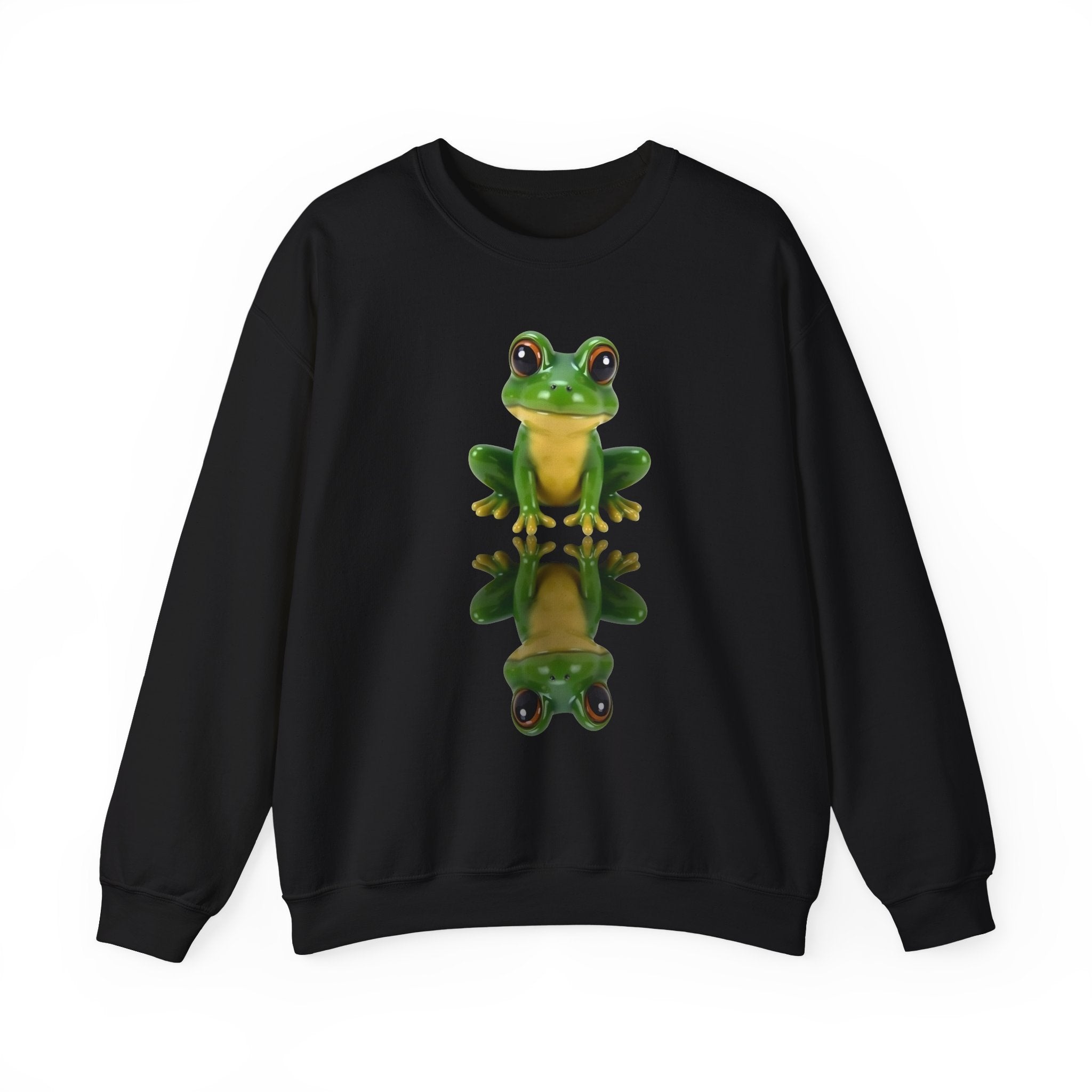Black sweatshirt with a green frog graphic on a white background