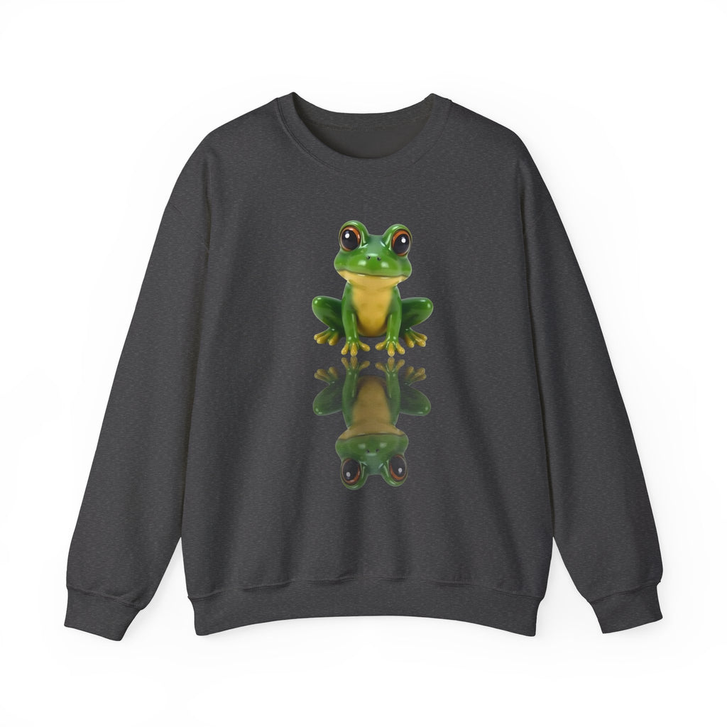 Dark heather sweatshirt with a green frog graphic on a white background
