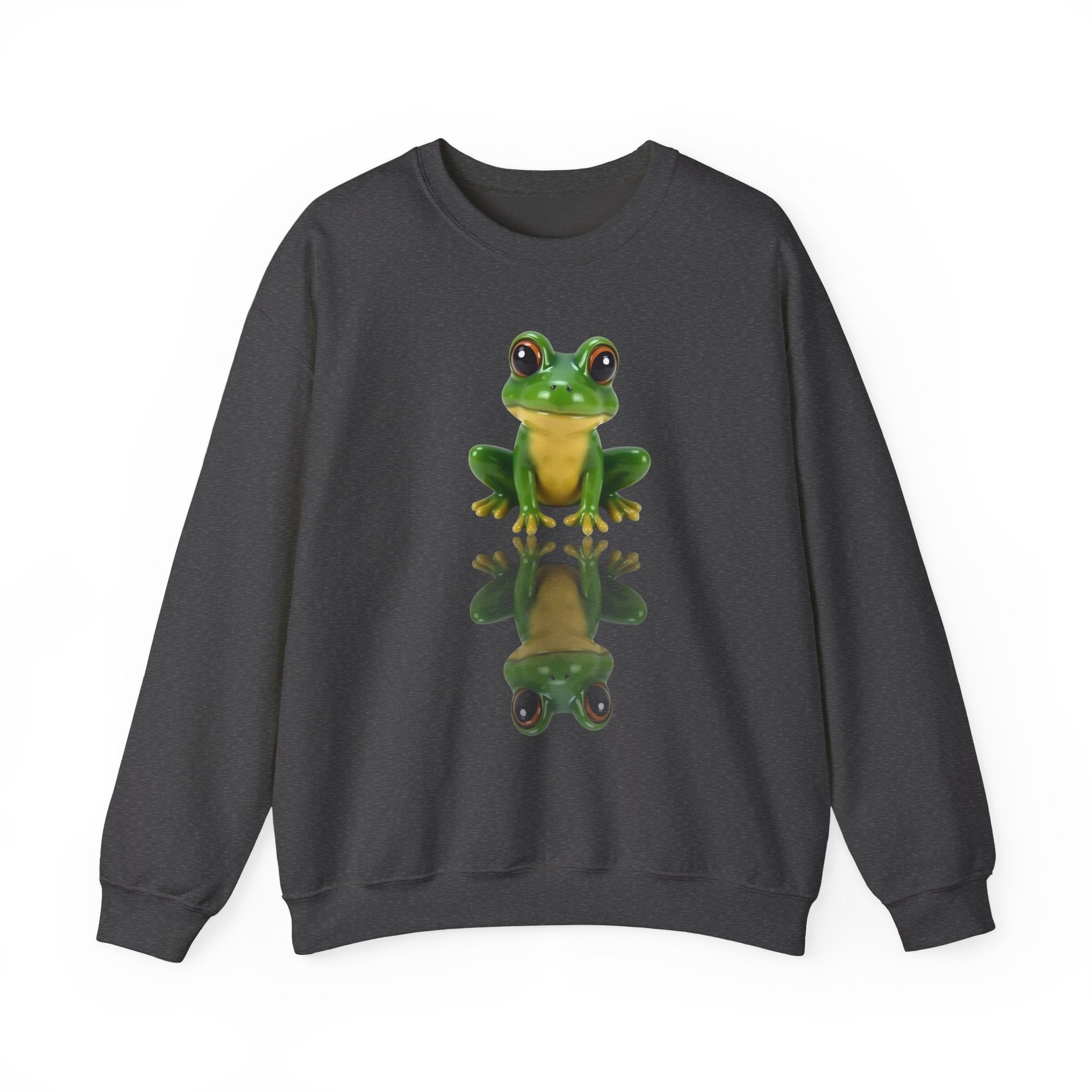 Dark heather sweatshirt with a green frog graphic on a white background