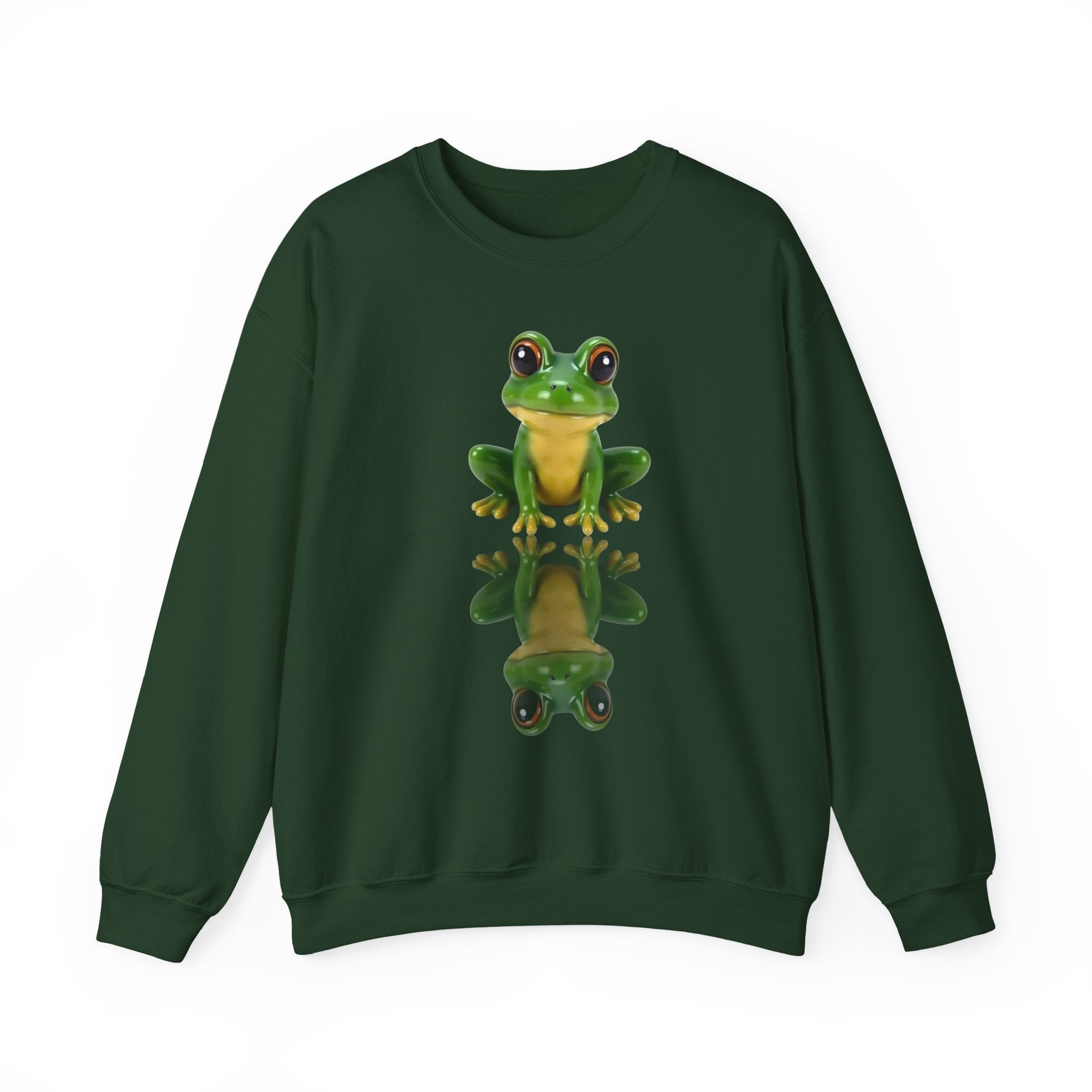 Forest green sweatshirt with a frog graphic on a white background