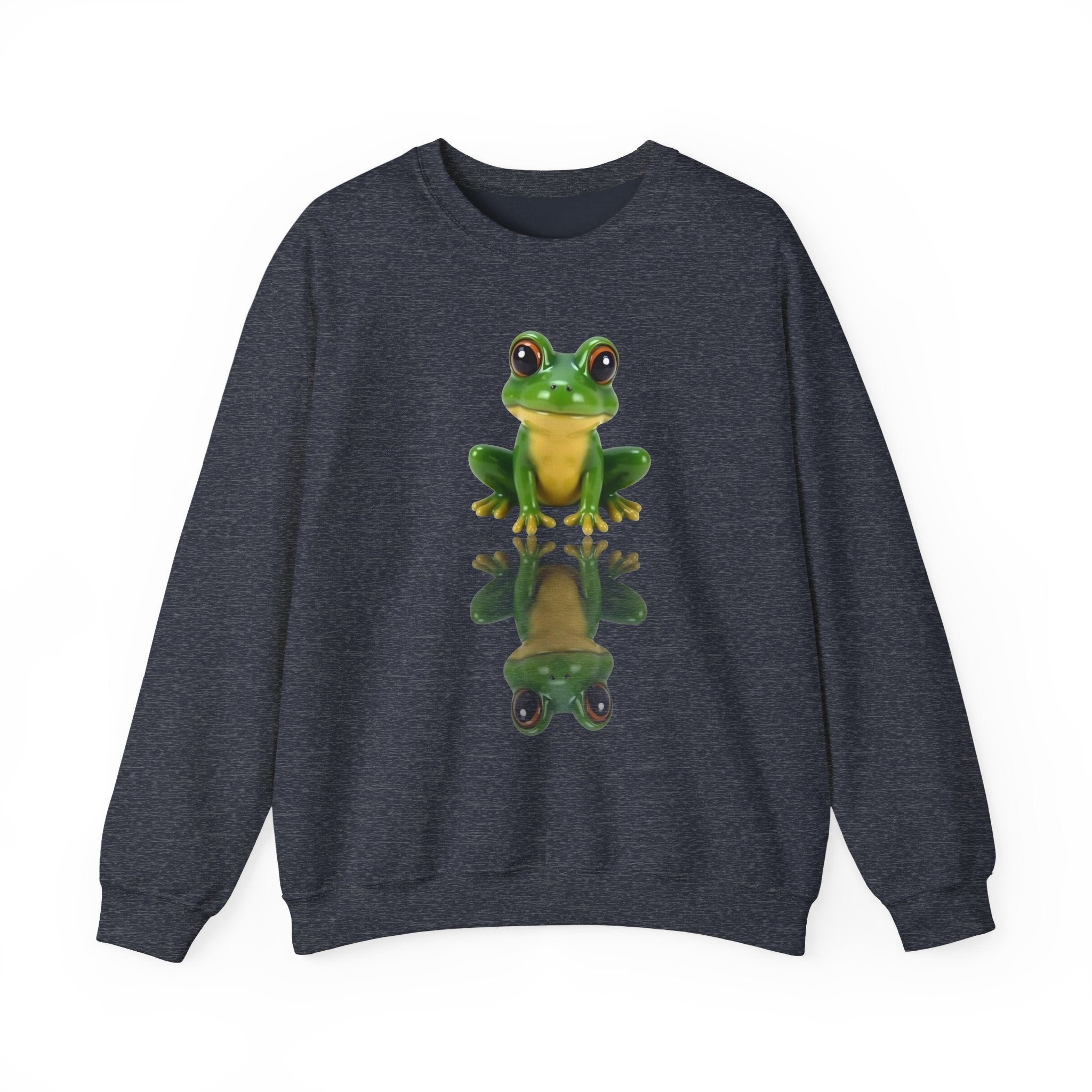 Heather sport dark navy sweatshirt with a green frog graphic on a white background