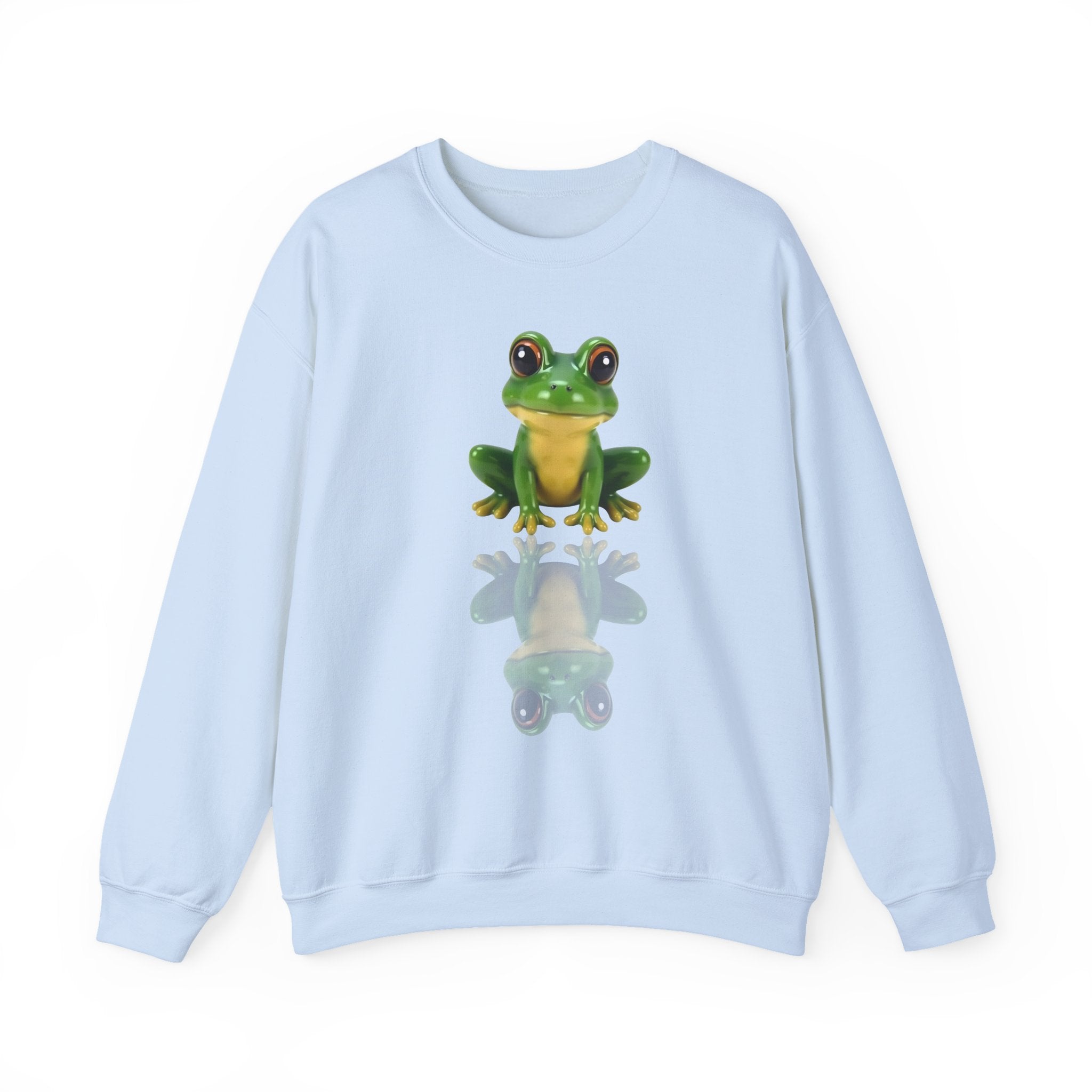 Light blue sweatshirt with a green frog graphic on a white background