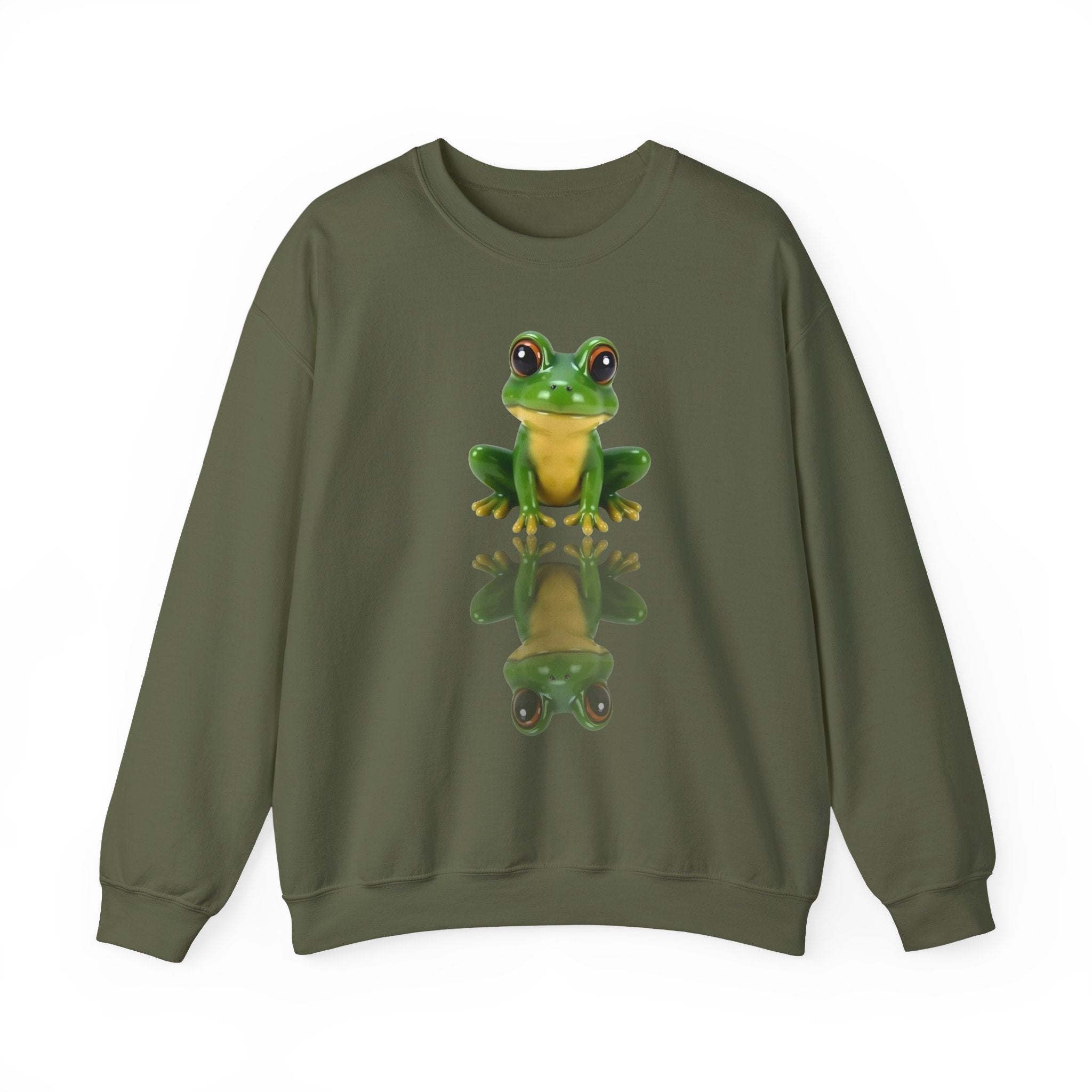 Military green sweatshirt with a frog graphic on a white background
