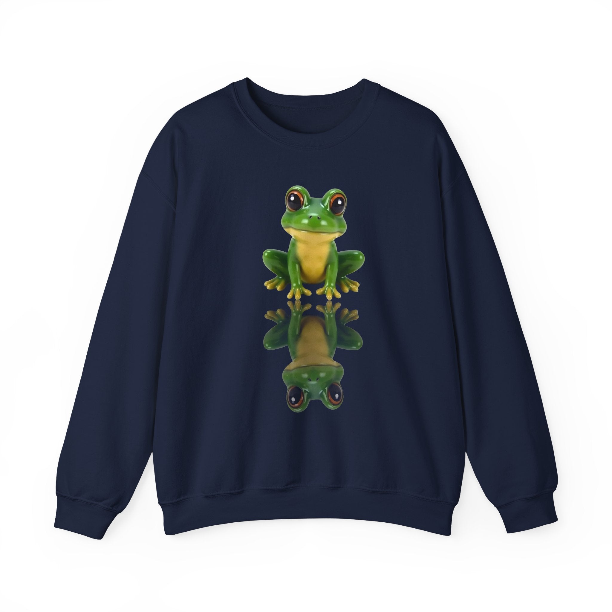 Navy blue sweatshirt with a green frog graphic on a white background