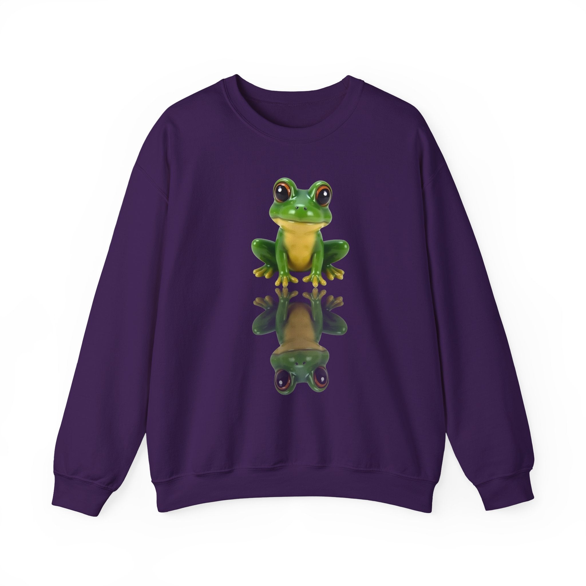 Purple sweatshirt with a green frog graphic on a white background