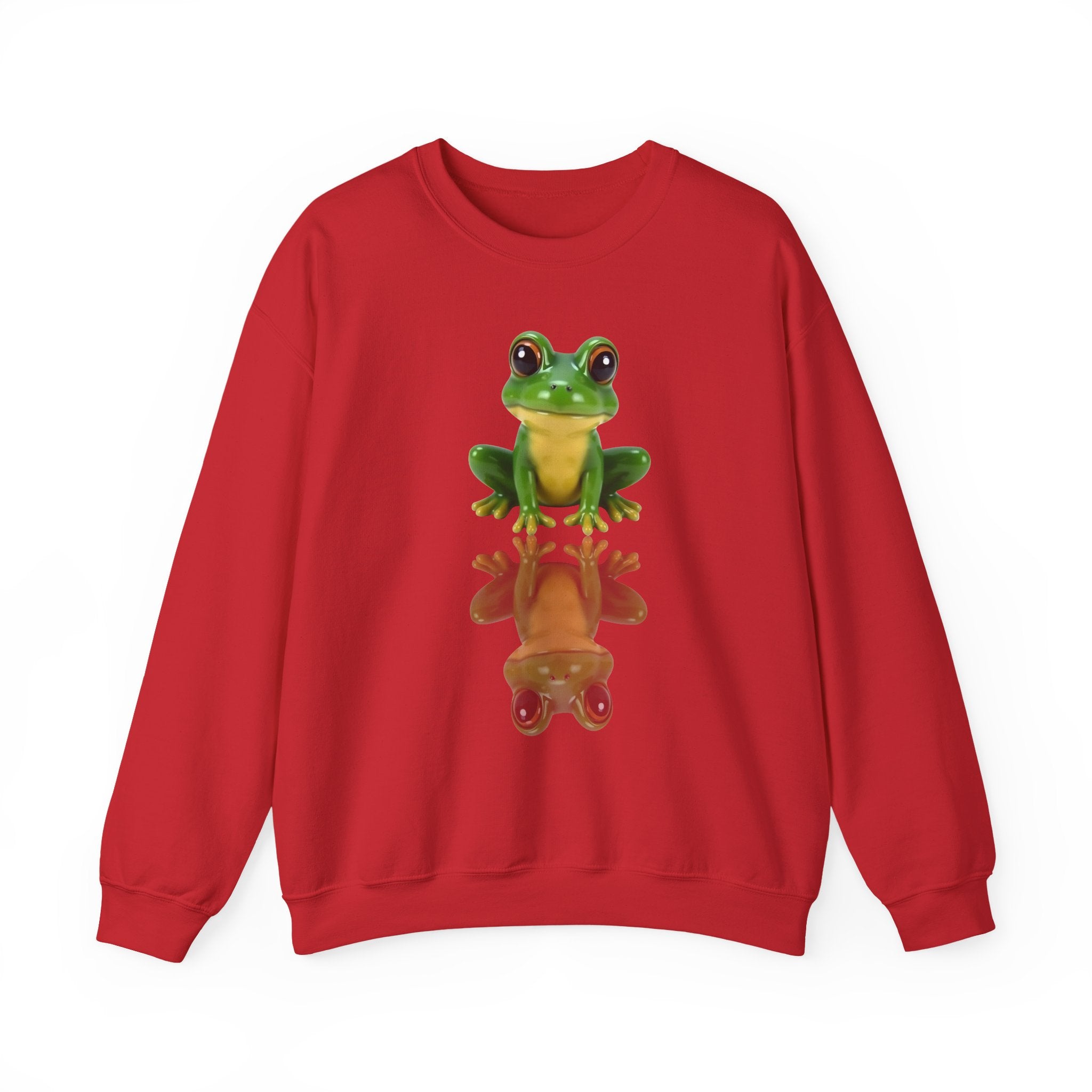 Red sweatshirt with a green frog graphic on a white background