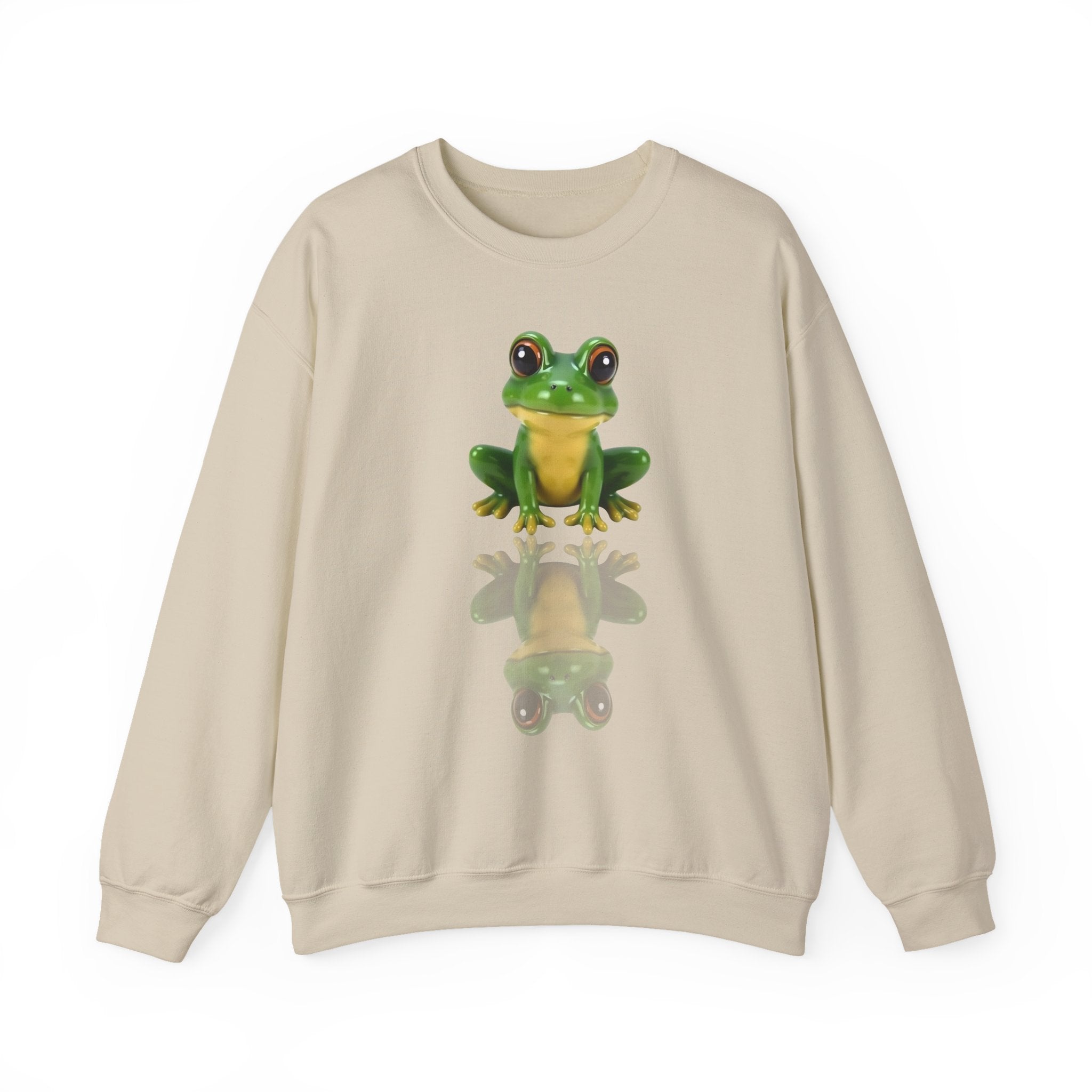 Beige sweatshirt with a green frog graphic on a white background