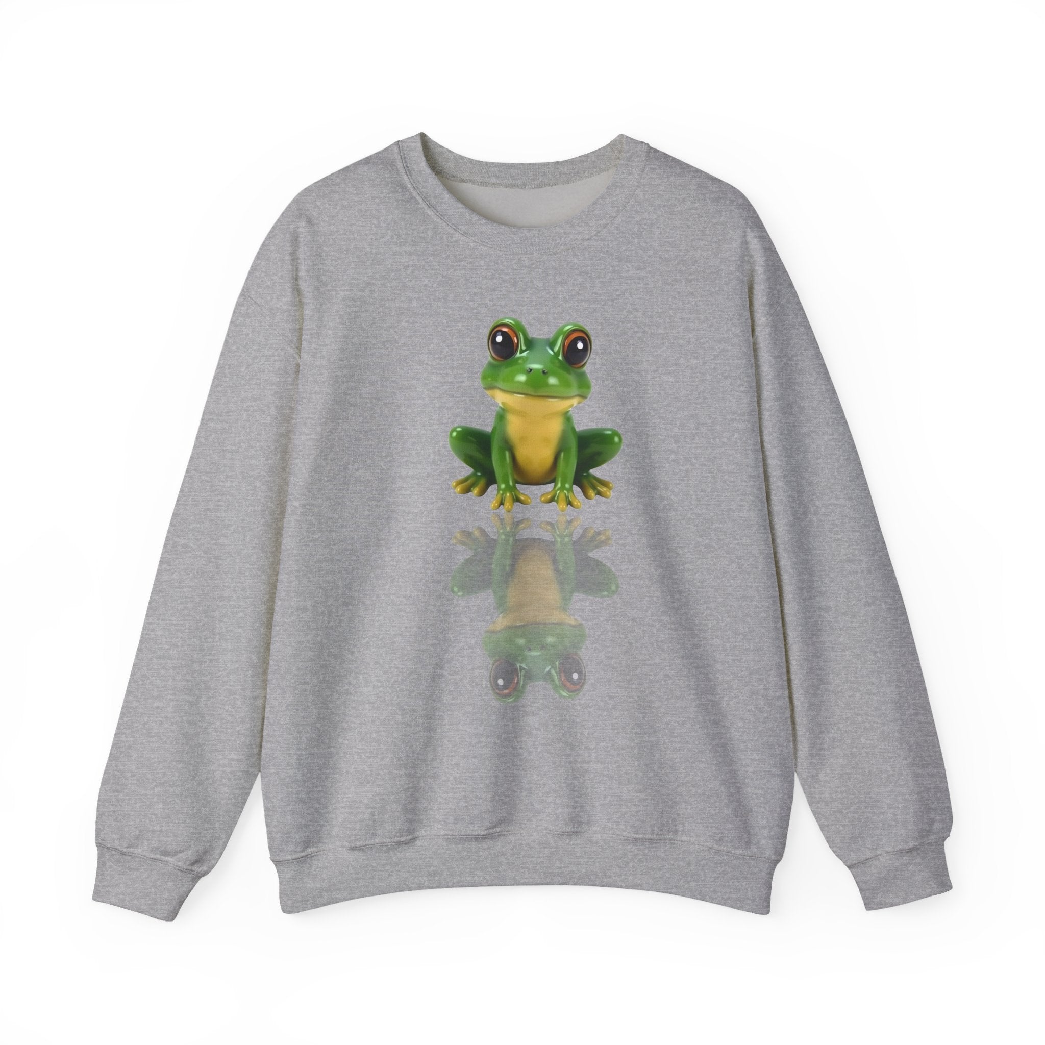 Gray sweatshirt with a green frog graphic on a white background