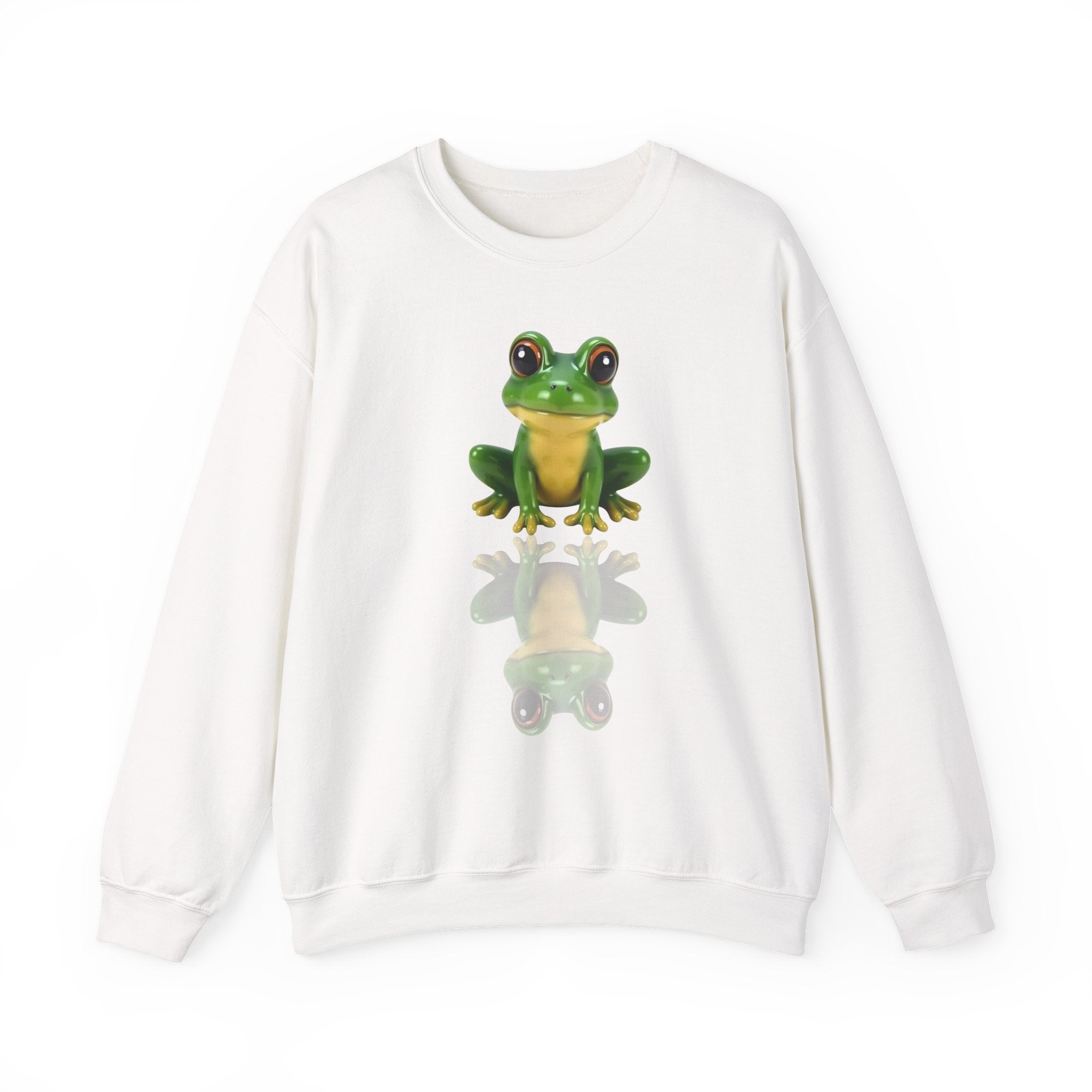 White sweatshirt with a green frog graphic on a white background