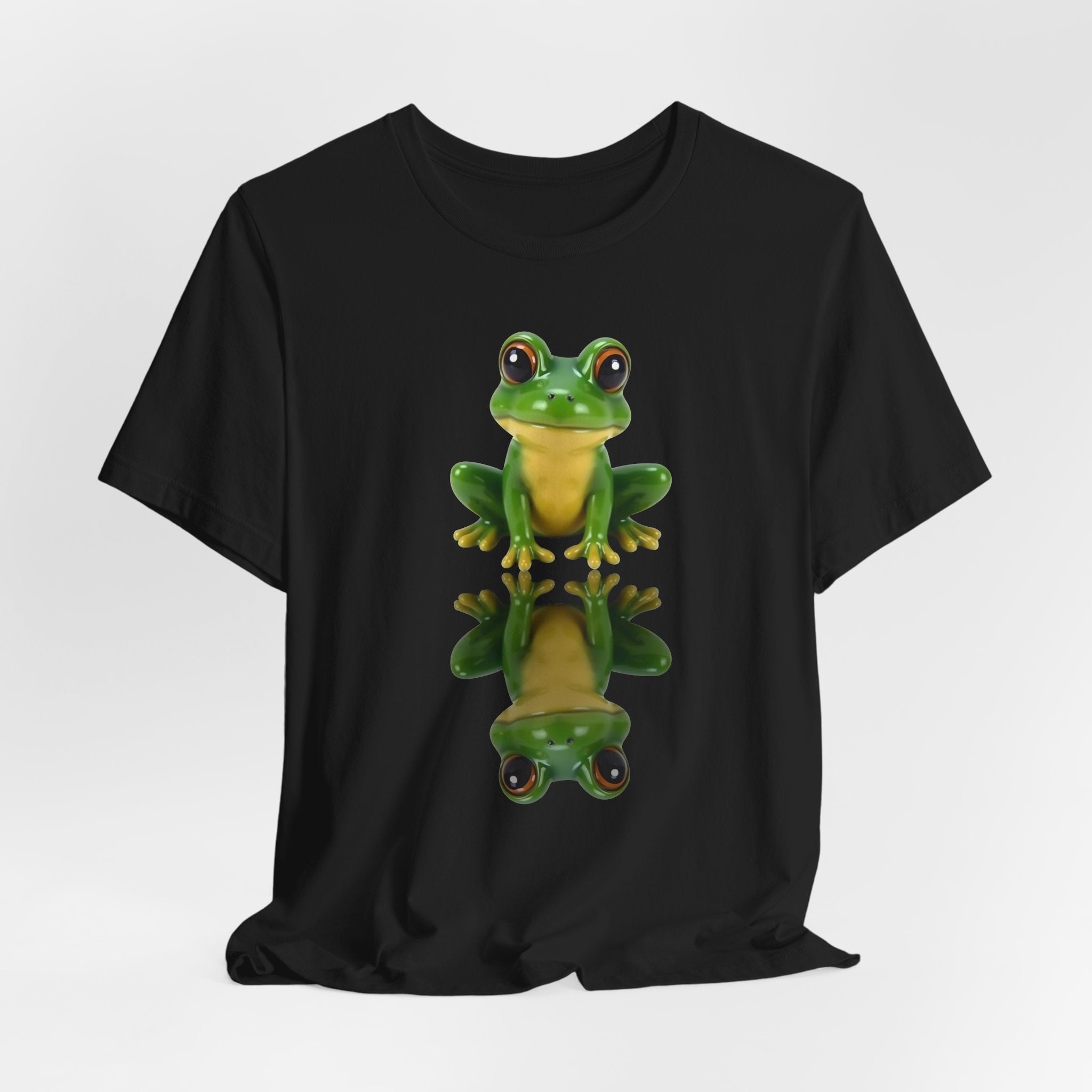 Black t-shirt with a green frog graphic on a white background