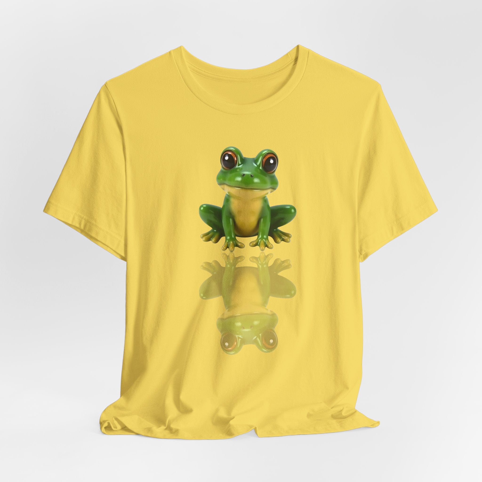 Maze yellow t-shirt with a green frog graphic on a white background
