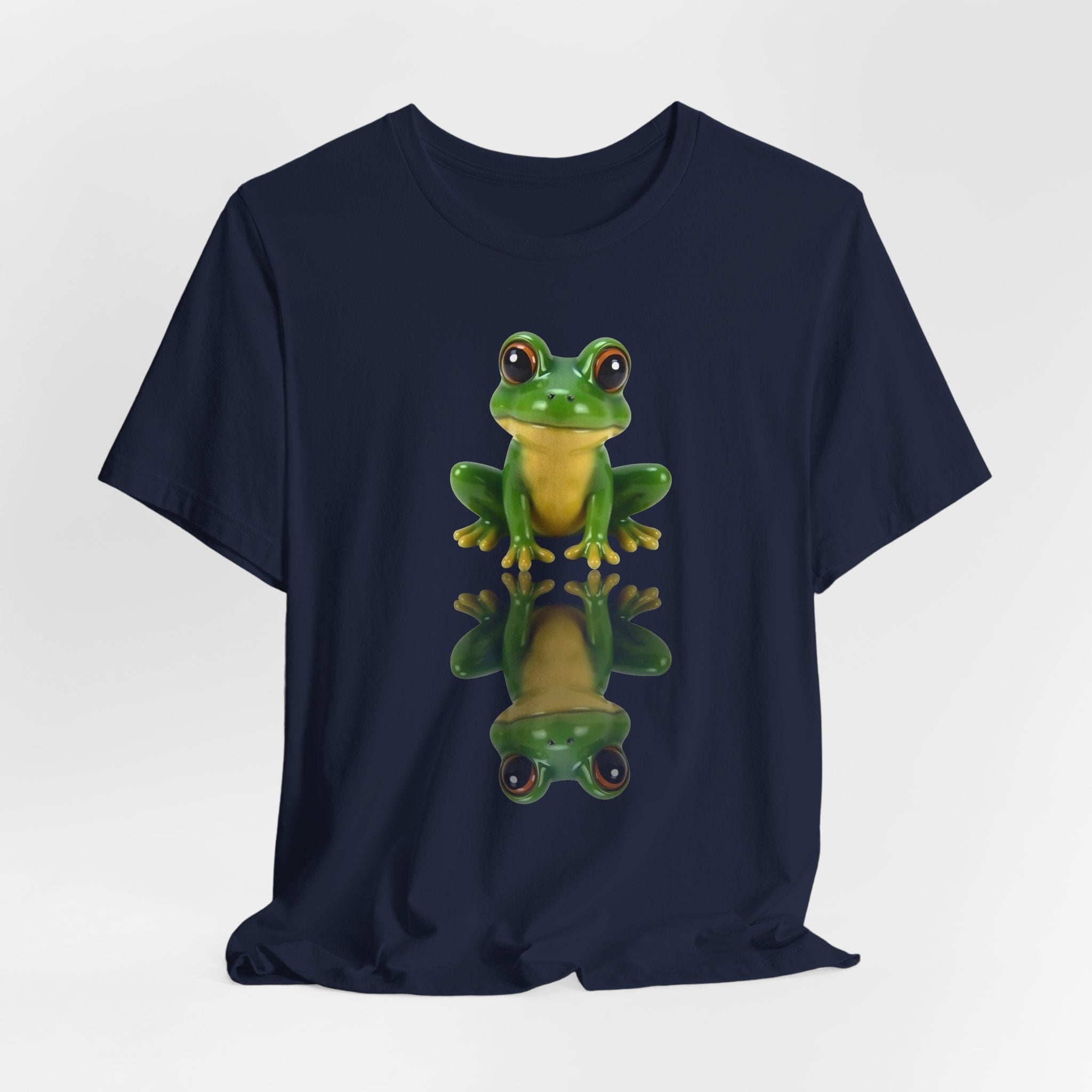 Navy blue t-shirt with a green frog graphic on a white background