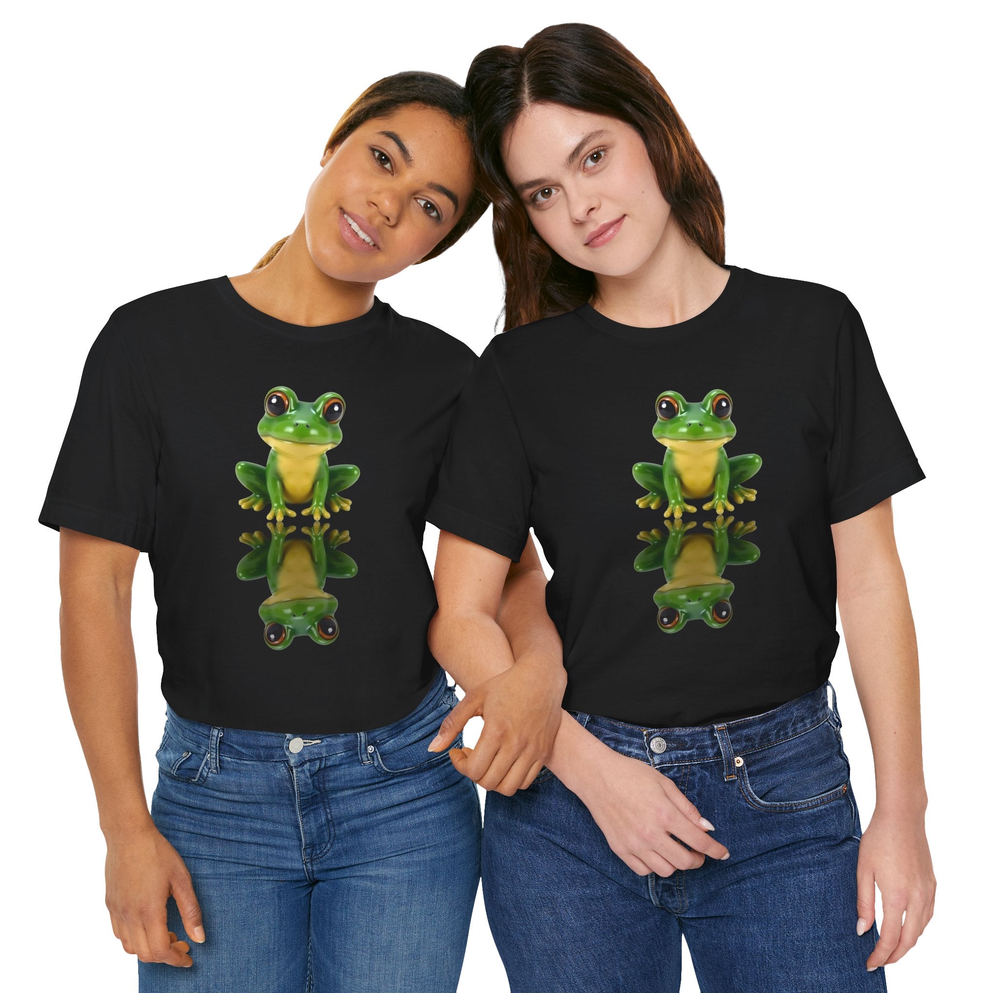 Two people wearing black t-shirts with a green frog graphic on a white background