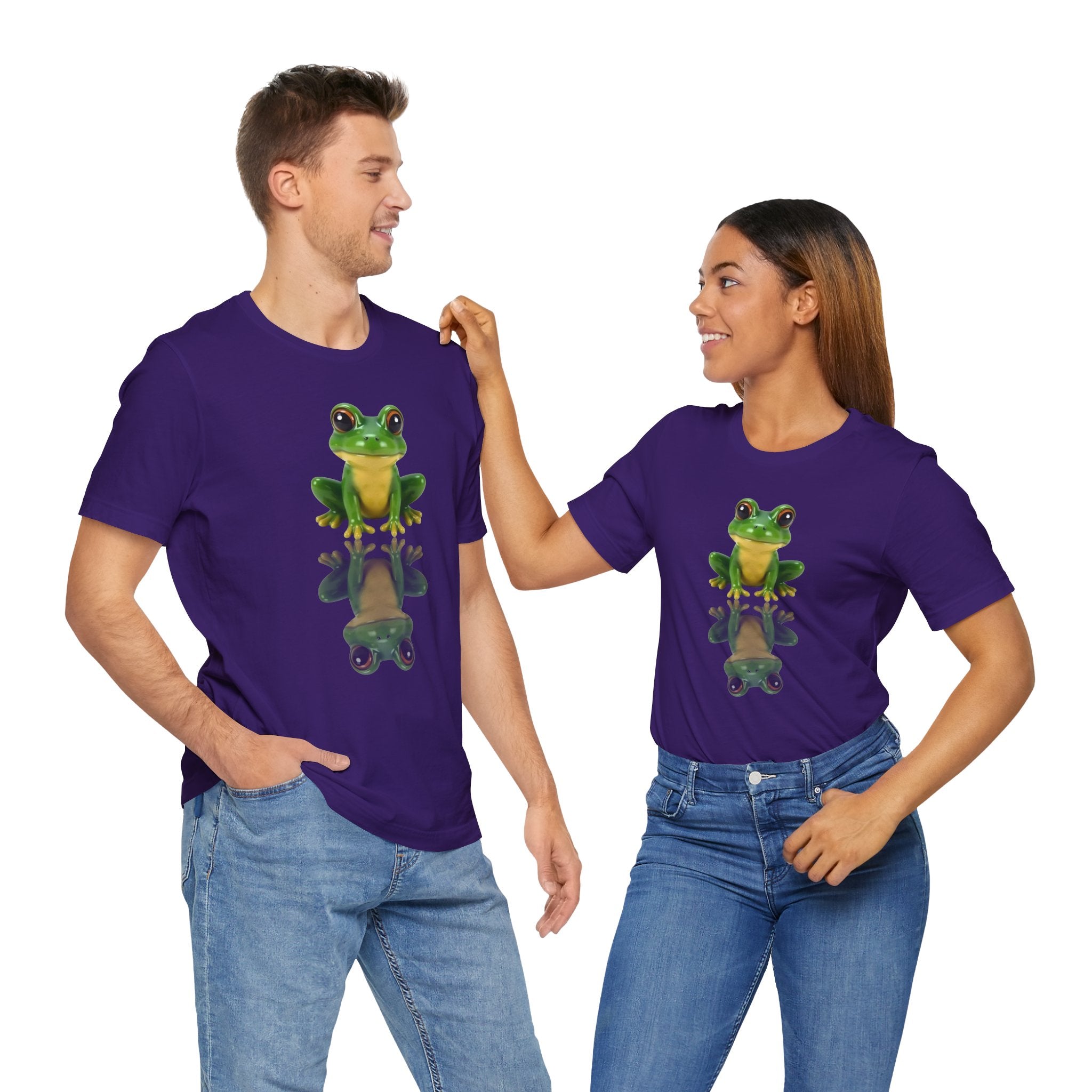 Two people wearing purple t-shirts with a frog design on a white background
