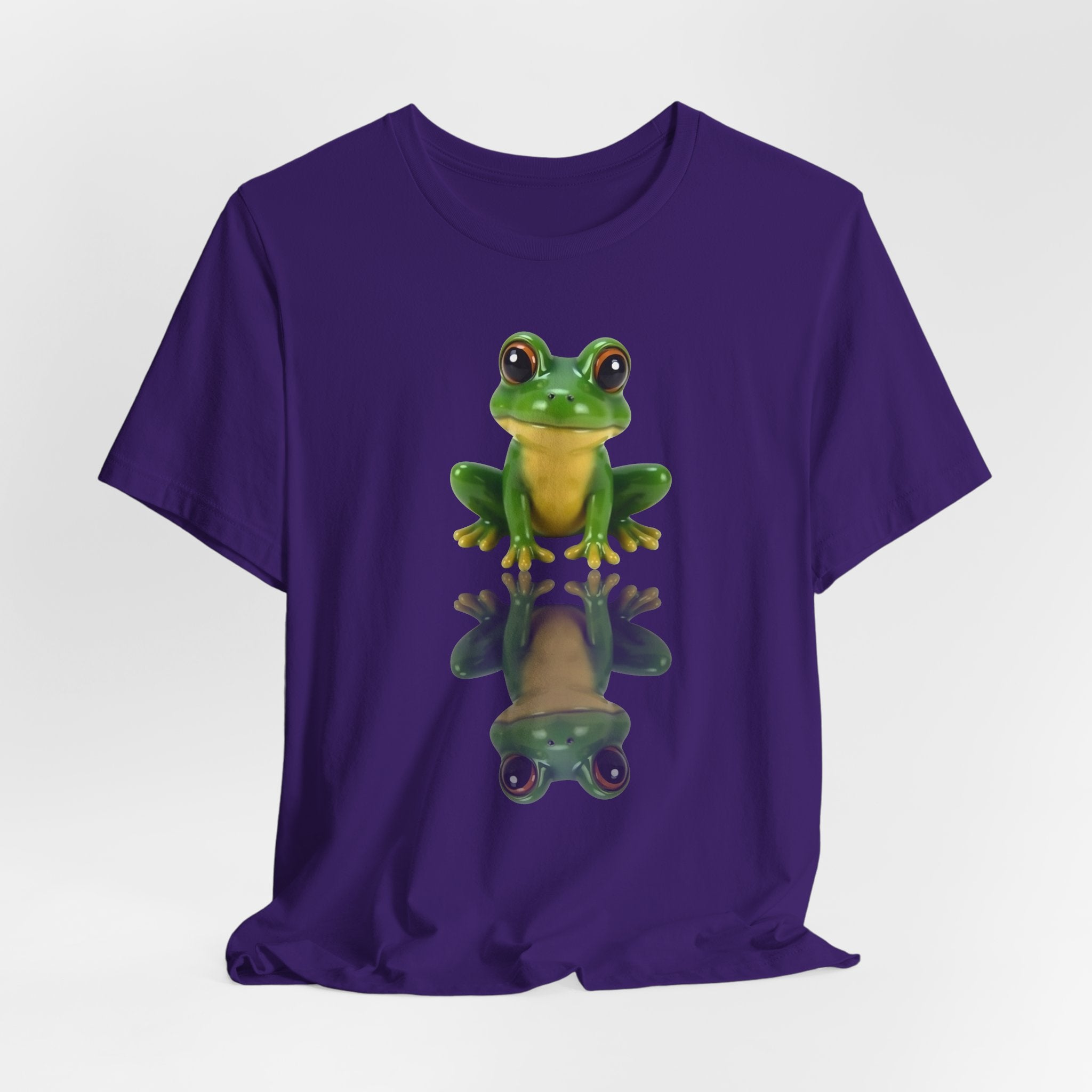 Team purple t-shirt with a green frog graphic on a white background