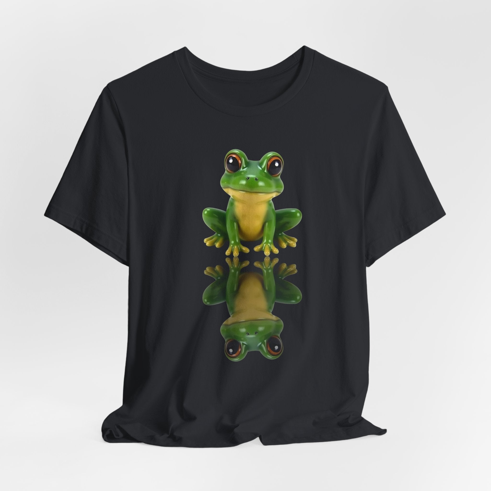 Vintage black t-shirt with a green frog graphic on a white background
