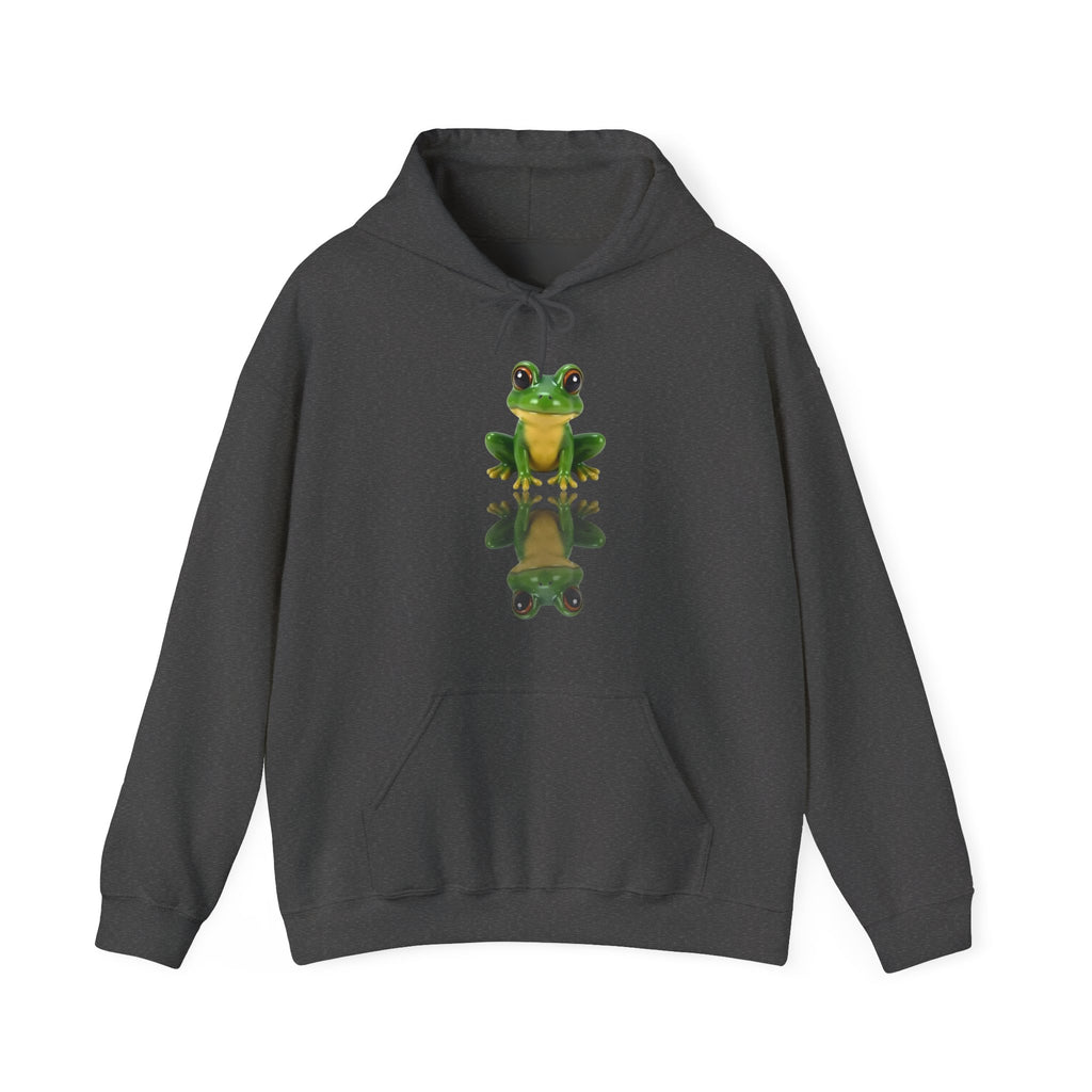 Dark gray hoodie with a green frog graphic on a white background