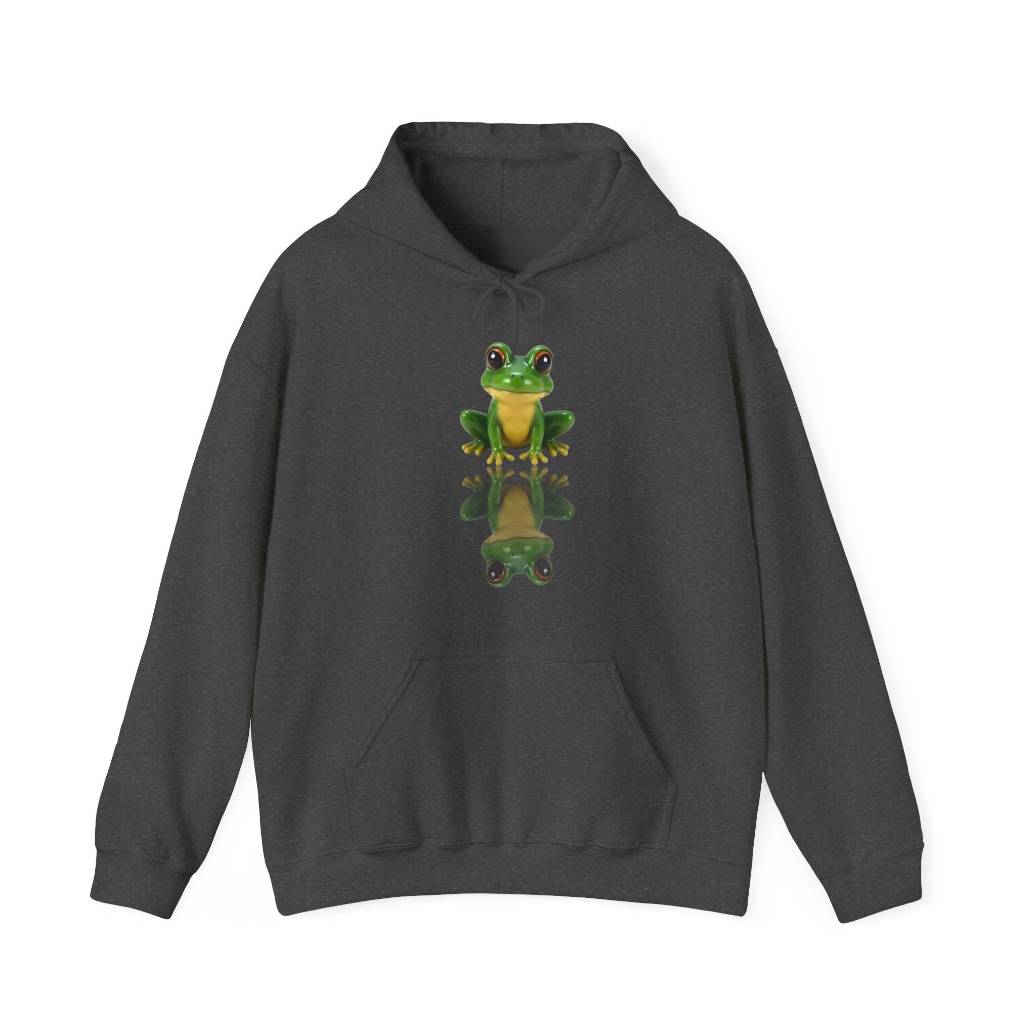 Dark gray hoodie with a green frog graphic on a white background