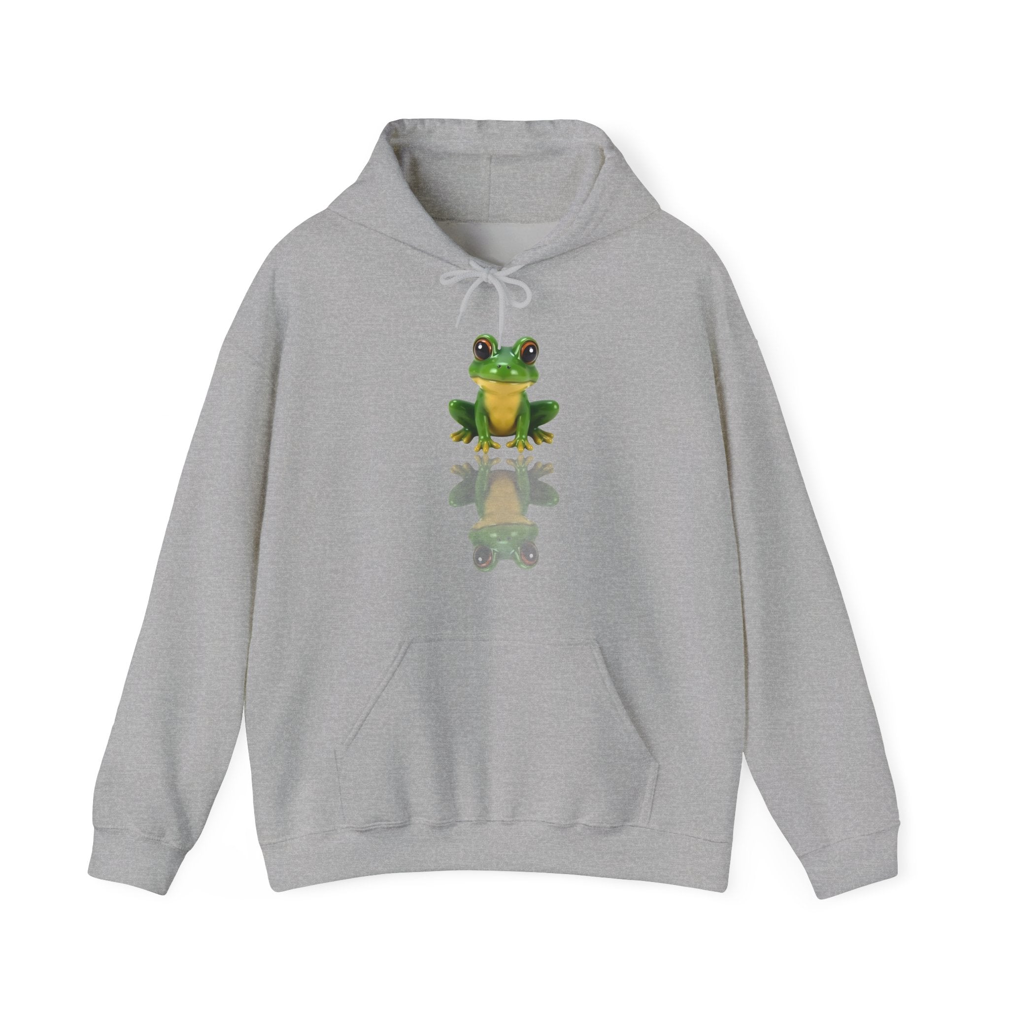 Gray hoodie with a frog graphic on a white background