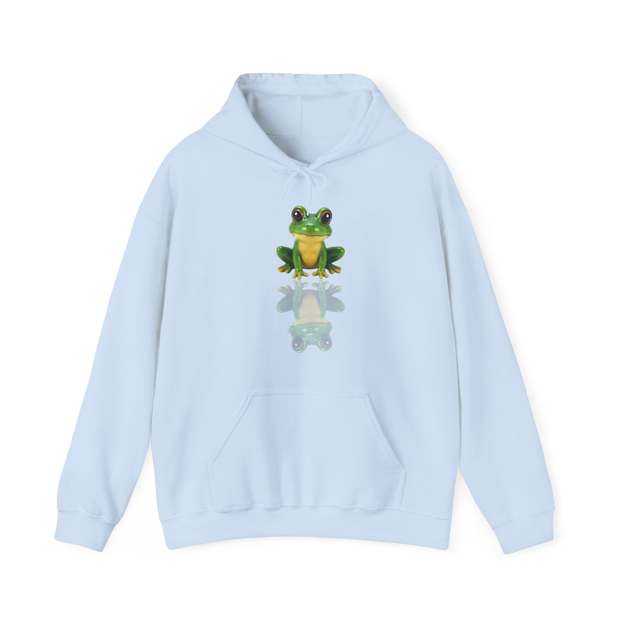 Light blue hoodie with a frog design on a white background