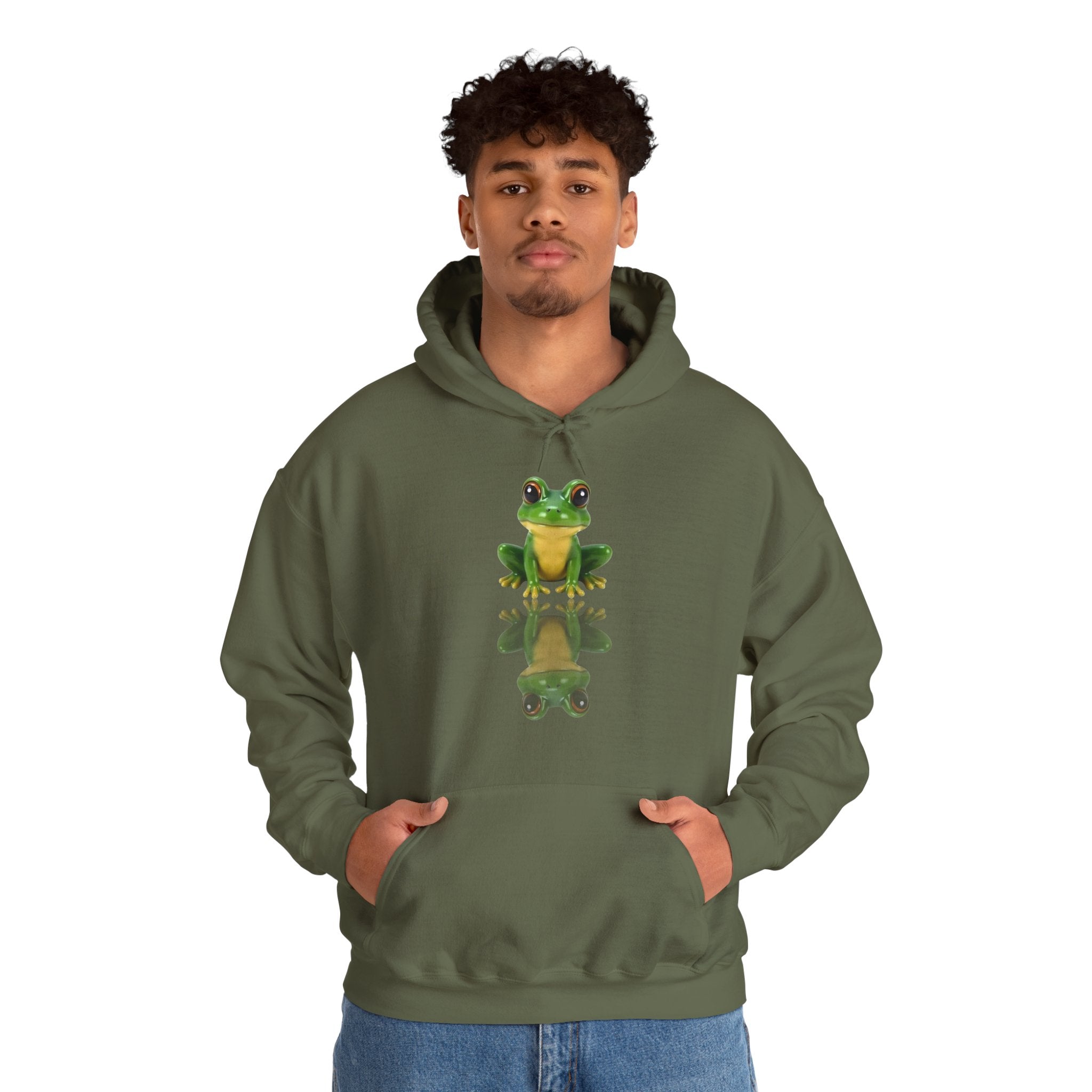 Person wearing a green hoodie with a frog design on a white background