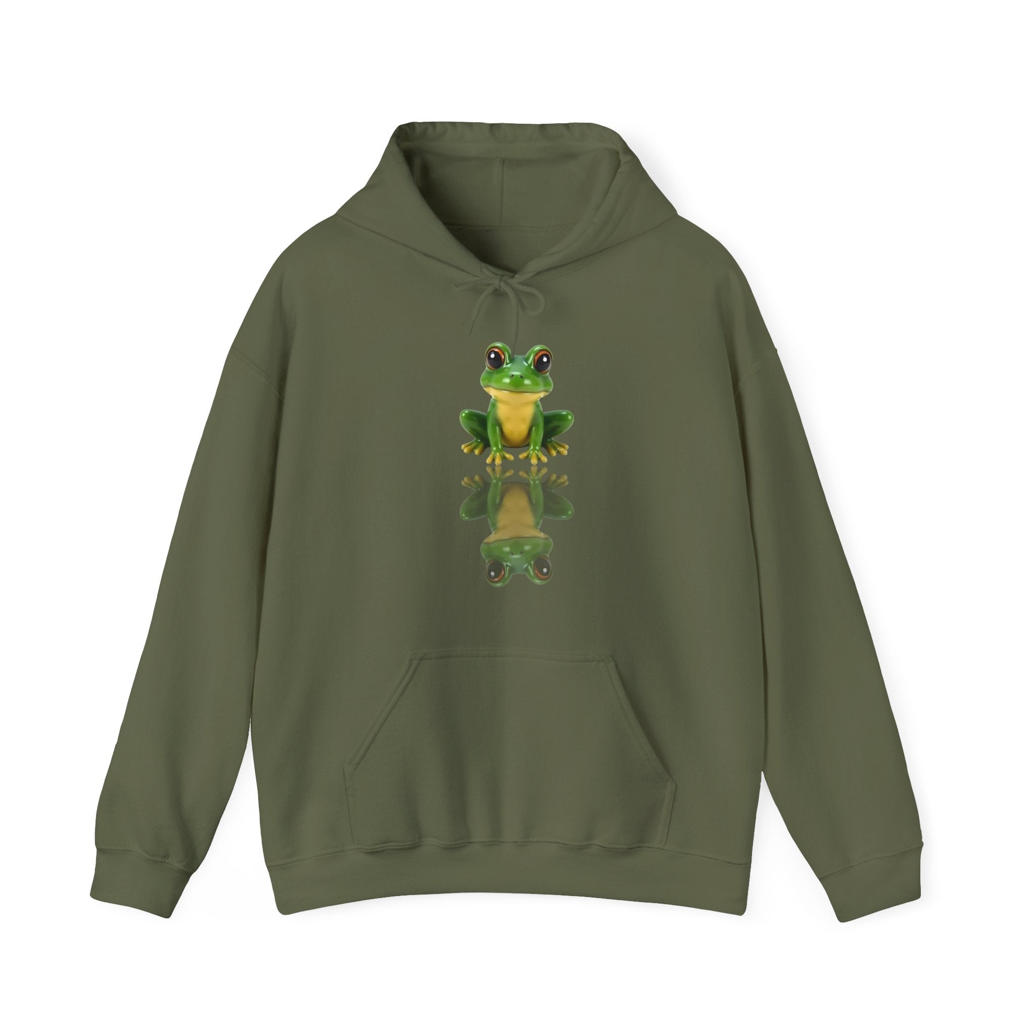 Military green hoodie with a frog graphic on a white background