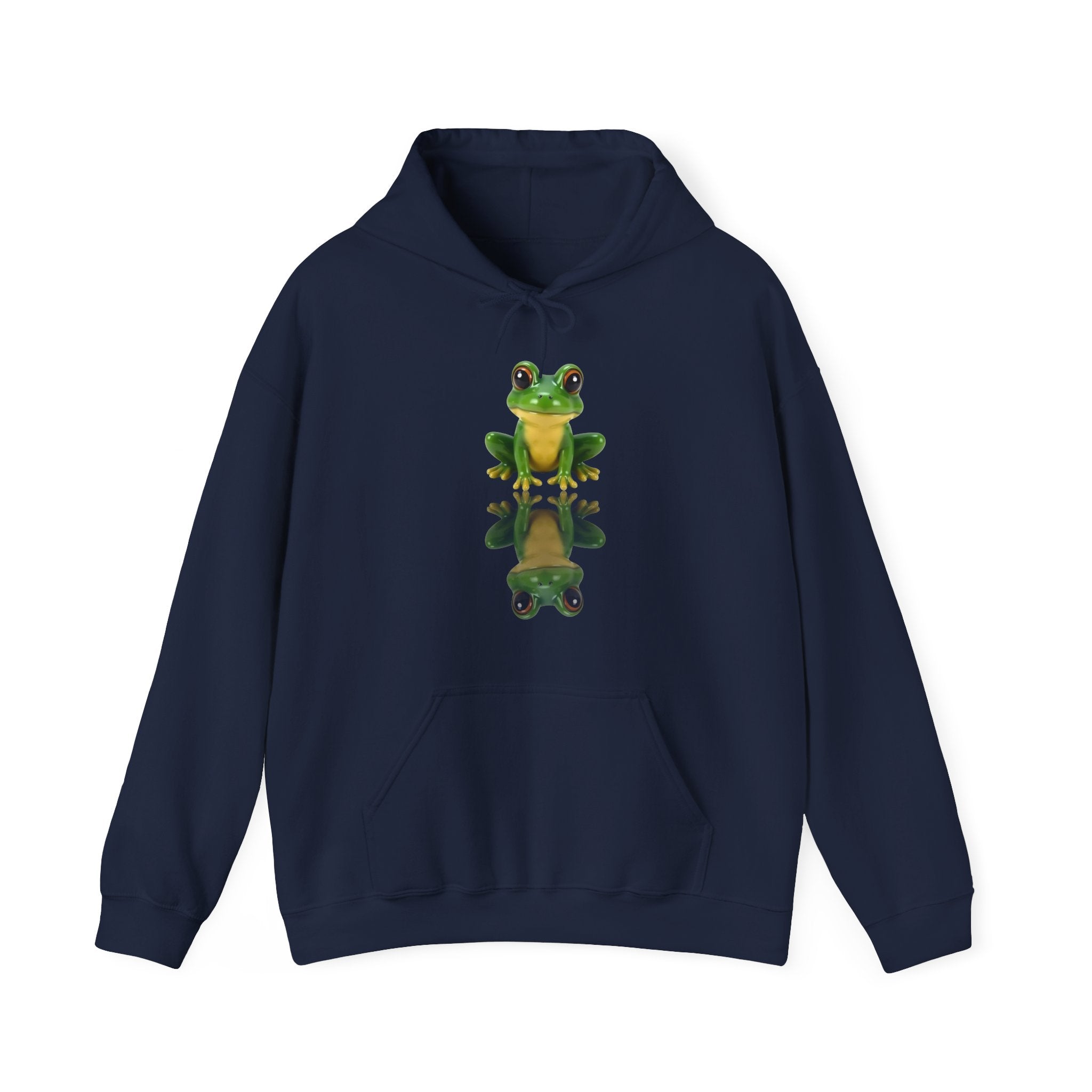 Navy blue hoodie with a green frog design on a white background