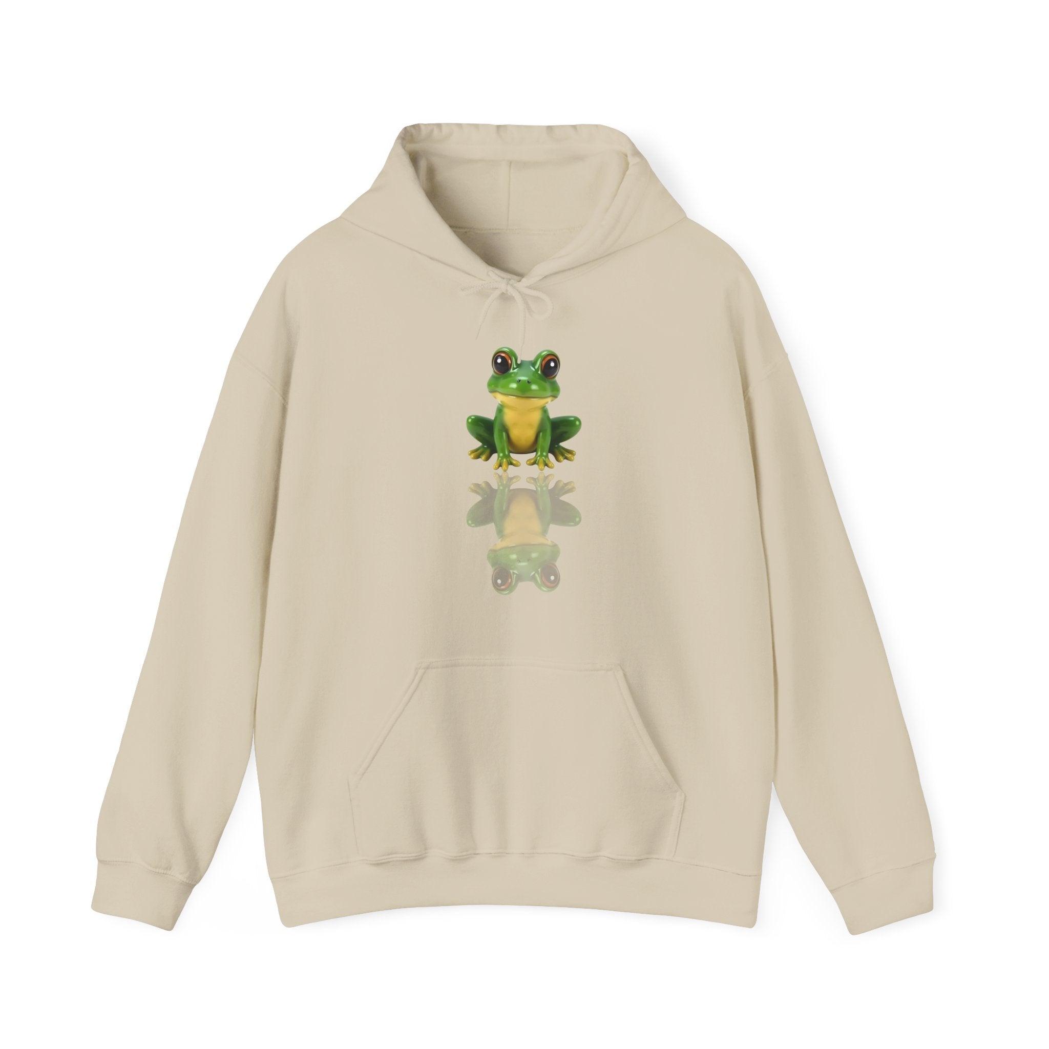 Beige hoodie with a frog graphic on a white background