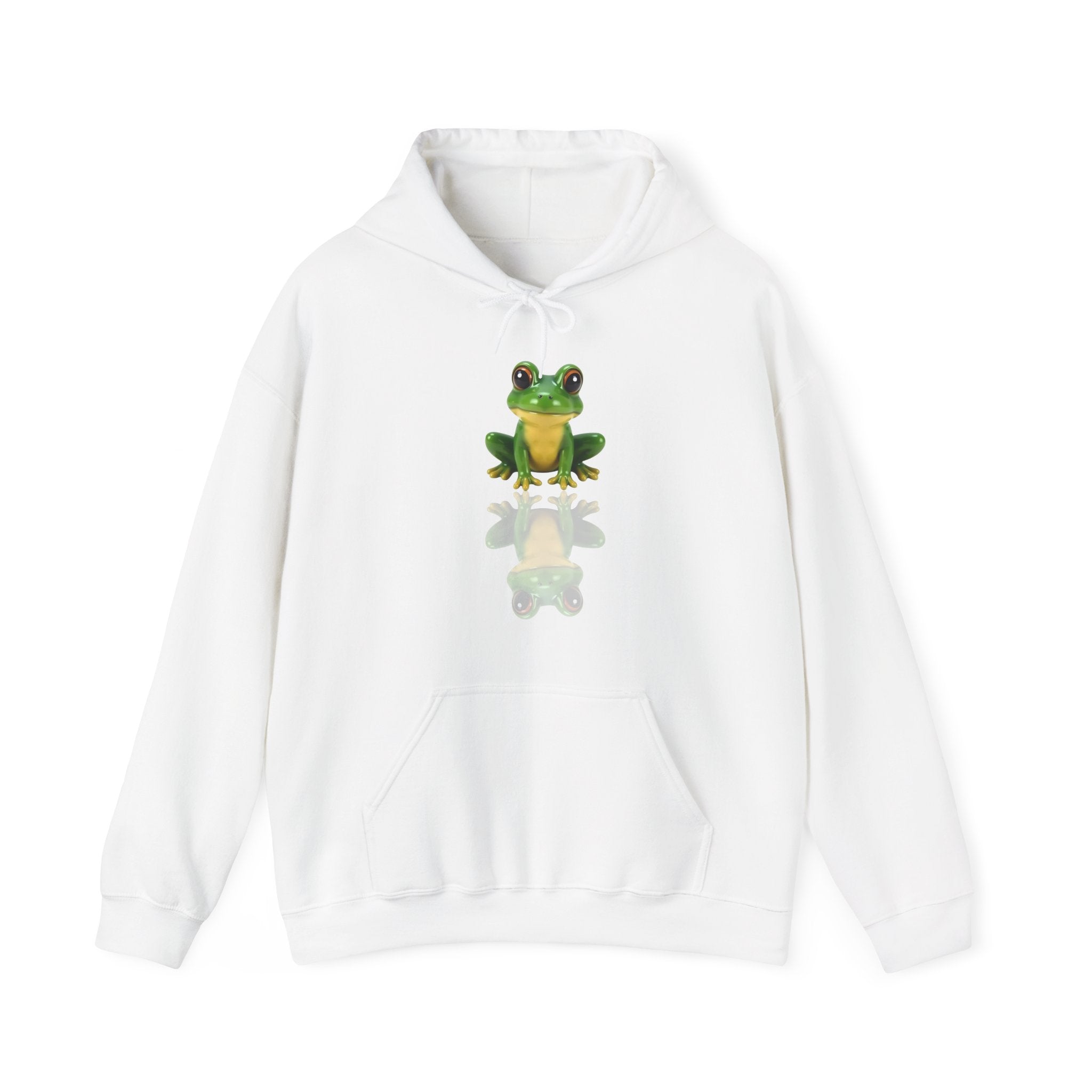 White hoodie with a frog graphic on a white background
