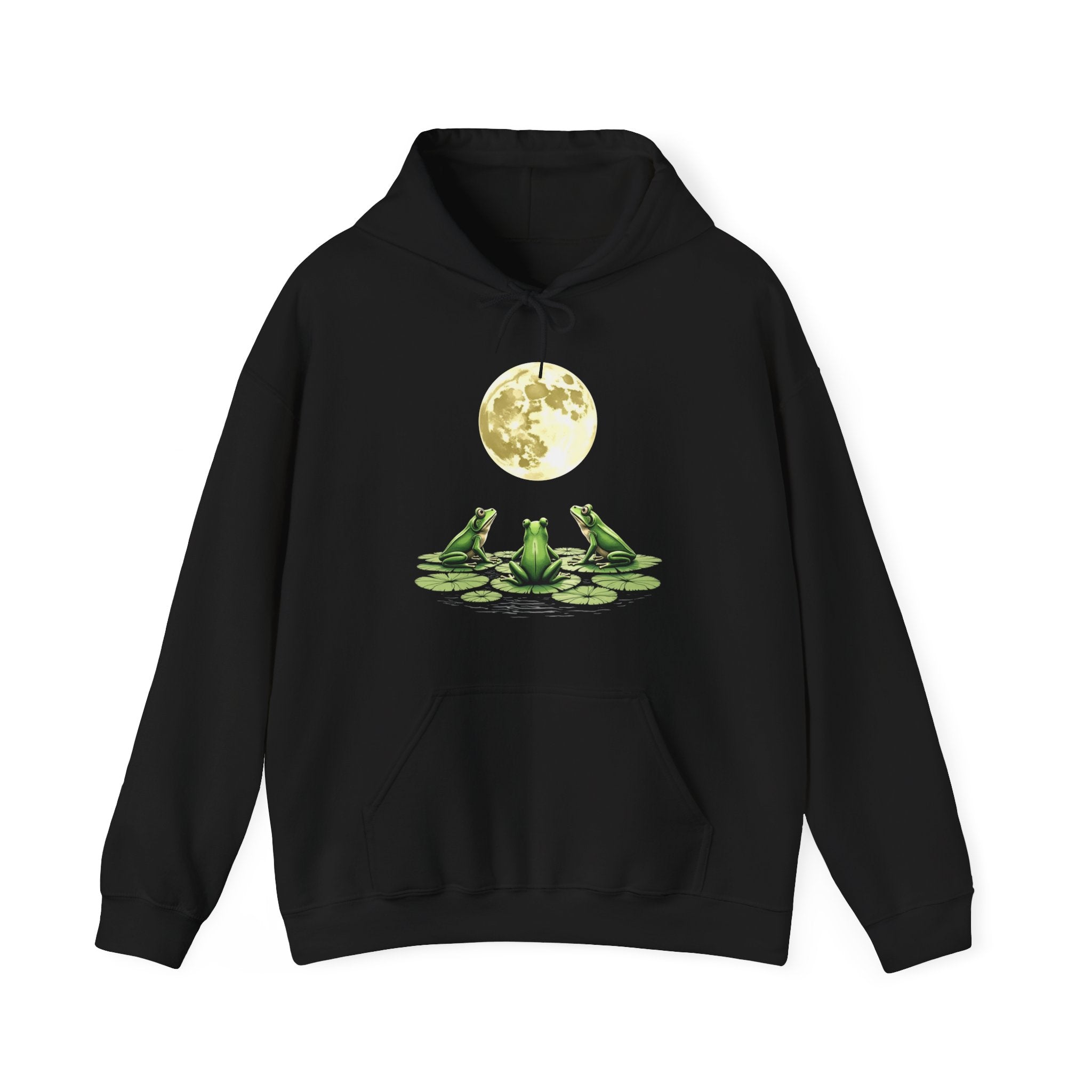 Black hoodie with a graphic of three frogs on lily pads and a moon in the center, on a white background.