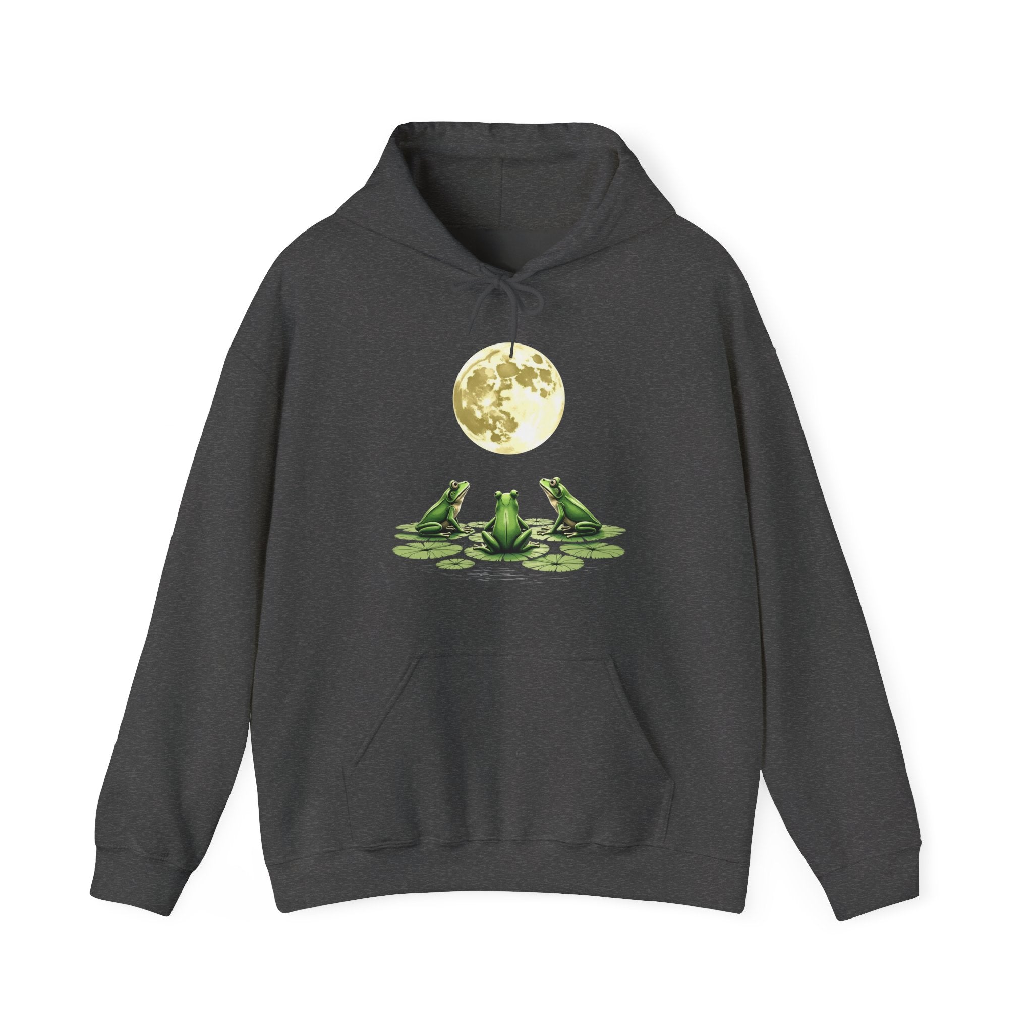 Dark gray hoodie with a graphic of frogs on lily pads and a full moon.