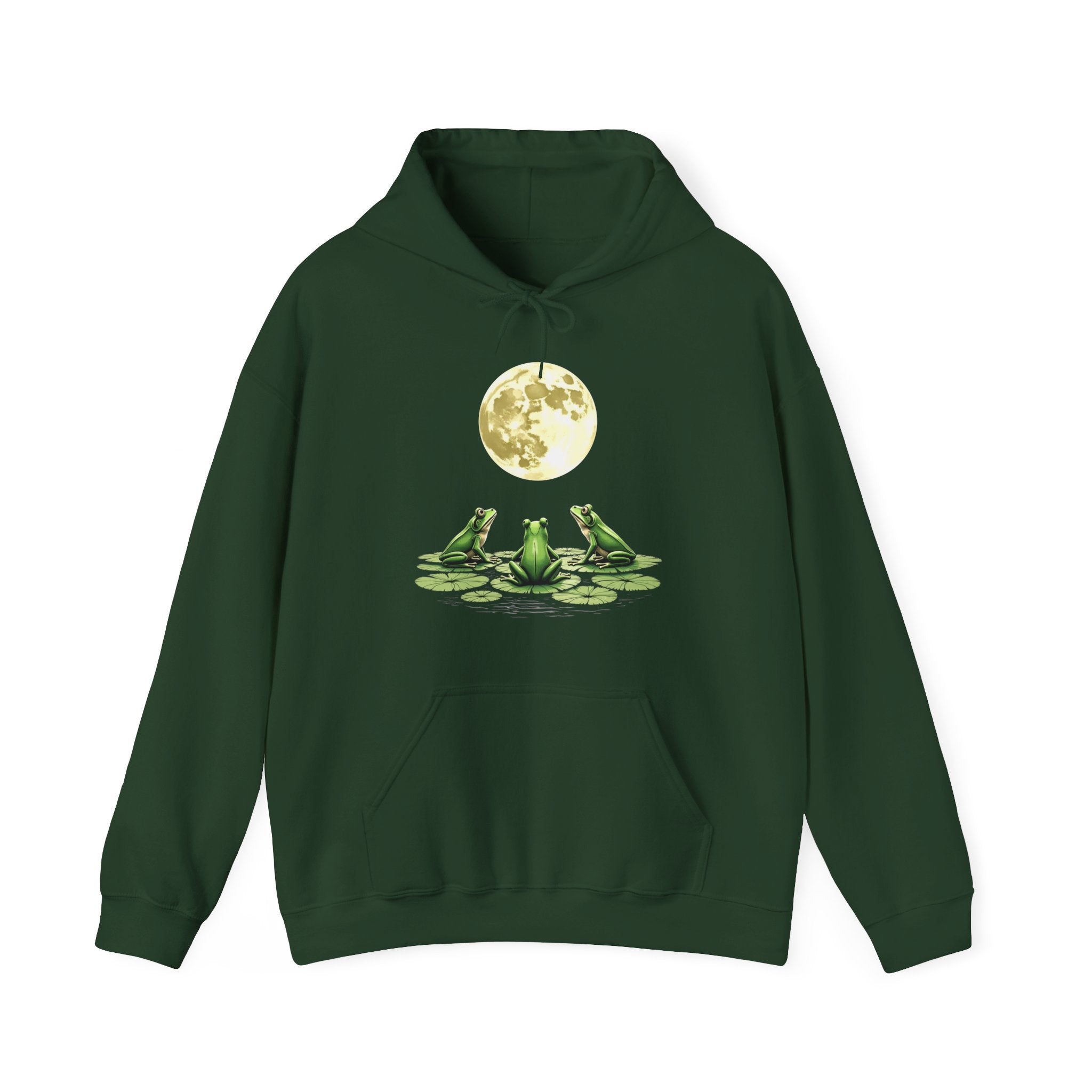 Forest green hoodie with frog and moon design on a white background