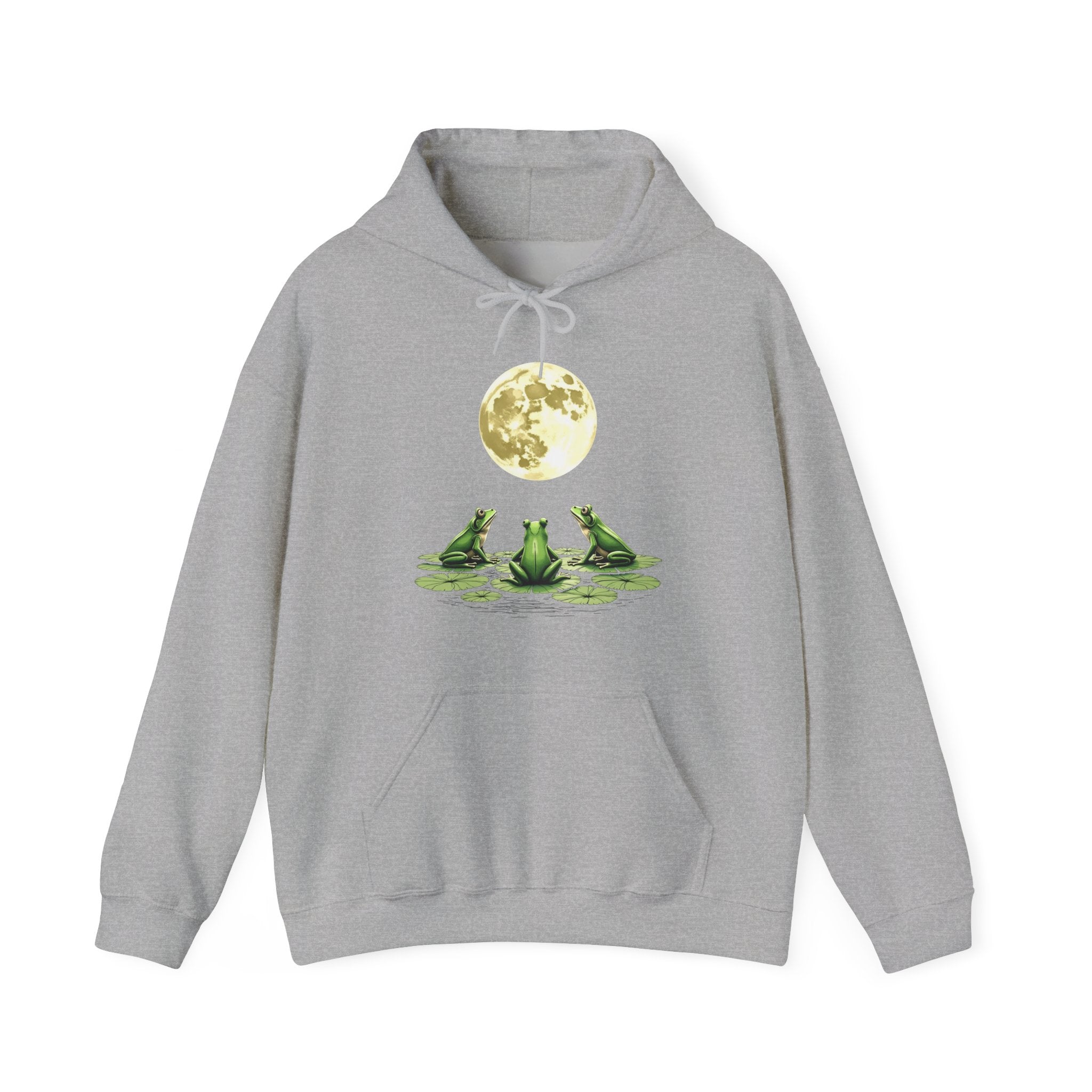 Gray hoodie with frogs and a moon graphic on a white background